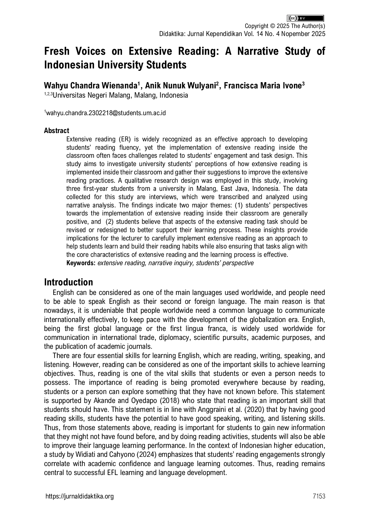 JURIS Fresh Voices on Extensive Reading A Narrative Study of Indonesian University Students