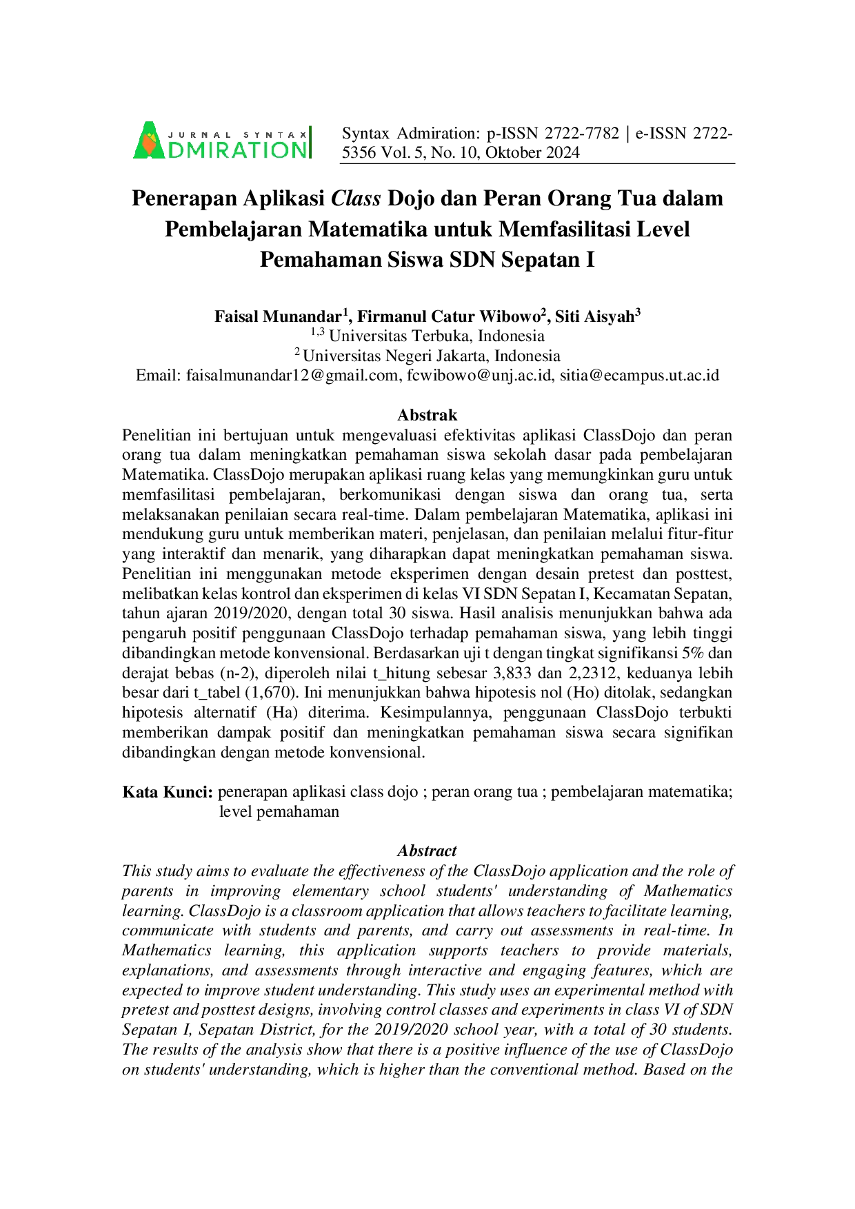 JURIS Penerapan Aplikasi Class Dojo dan Peran Orang Tua dalam Pembelajaran Matematika untuk Memfasilitasi Level Pemahaman Siswa SDN Sepatan I