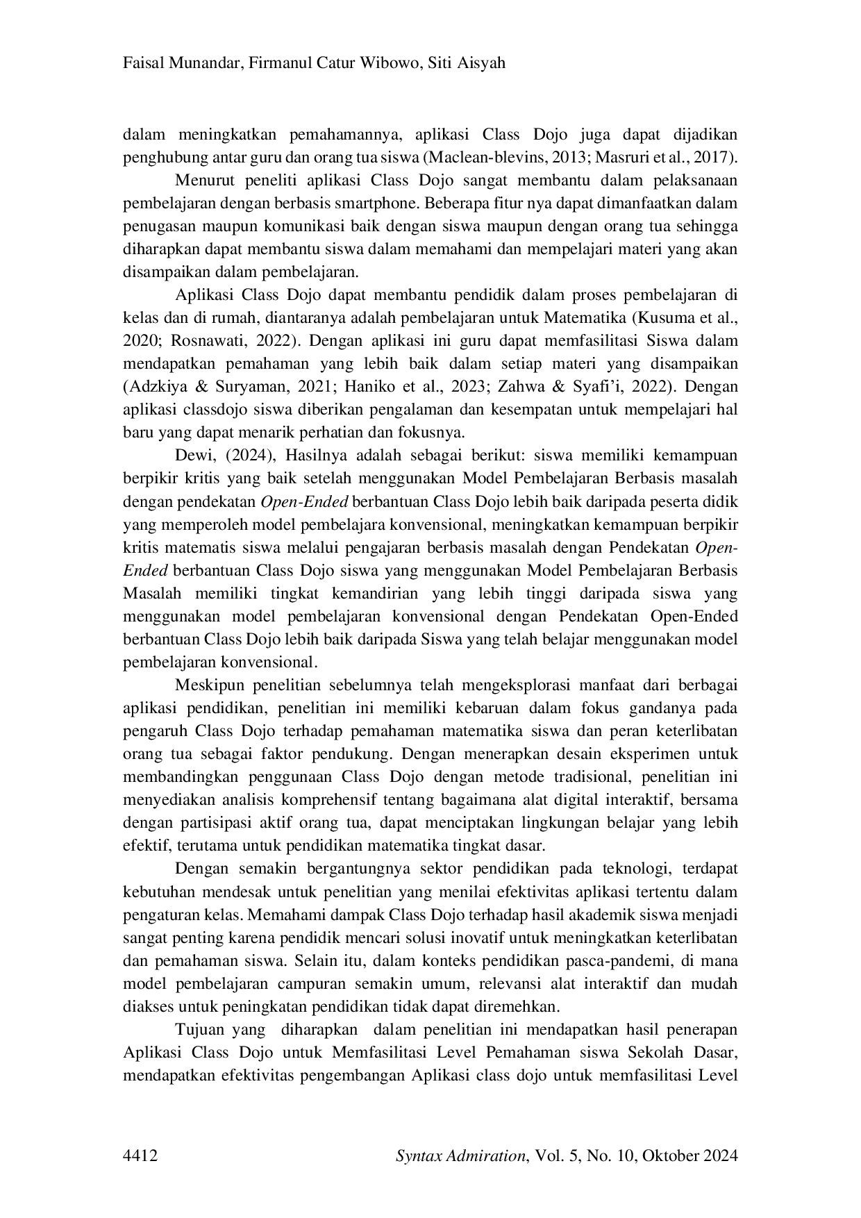 JURIS Penerapan Aplikasi Class Dojo dan Peran Orang Tua dalam Pembelajaran Matematika untuk Memfasilitasi Level Pemahaman Siswa SDN Sepatan I