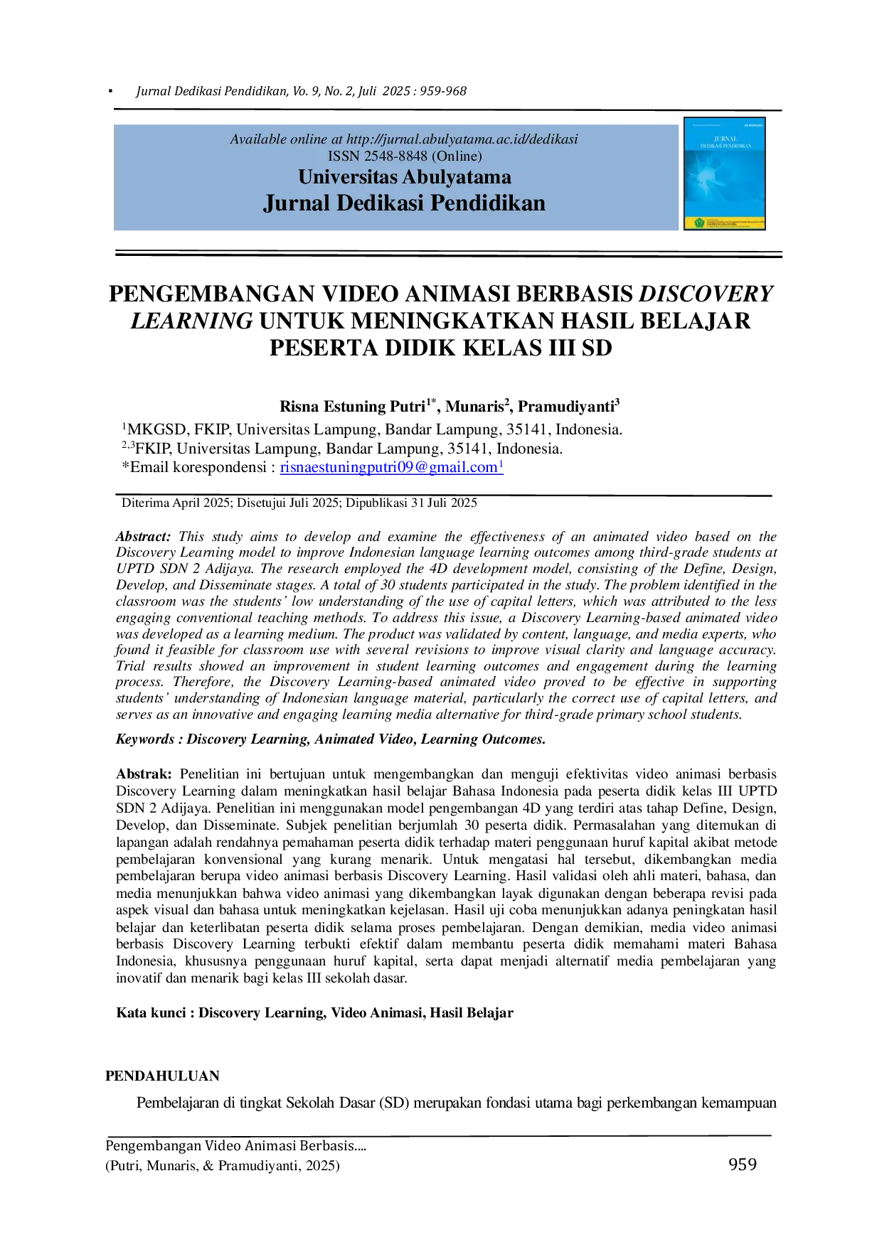 JURIS Pengembangan Video Animasi Berbasis Discovery Learning Untuk Meningkatkan Hasil Belajar Peserta Didik Kelas III SD
