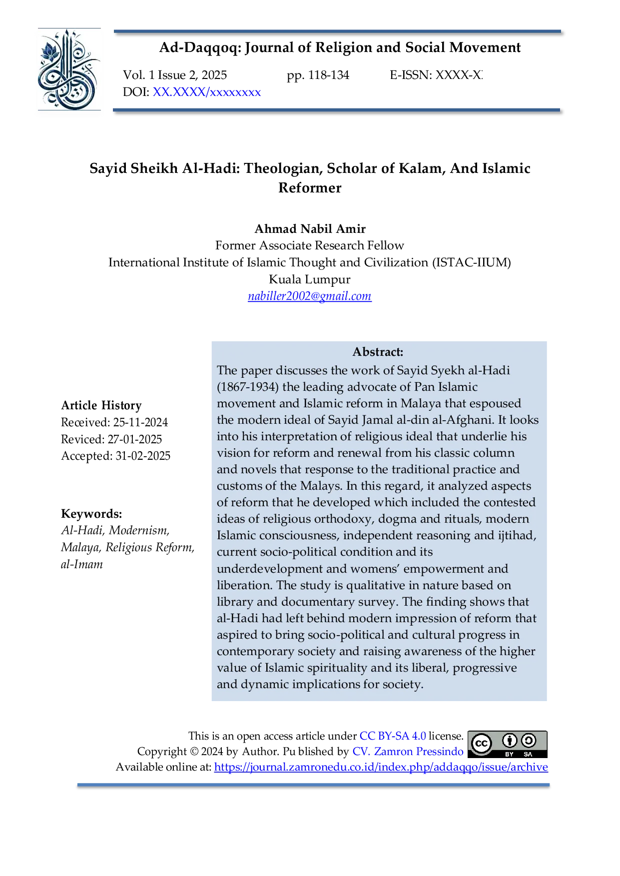 JURIS Sayid Sheikh Al Hadi Theologian Scholar of Kalam And Islamic Reformer