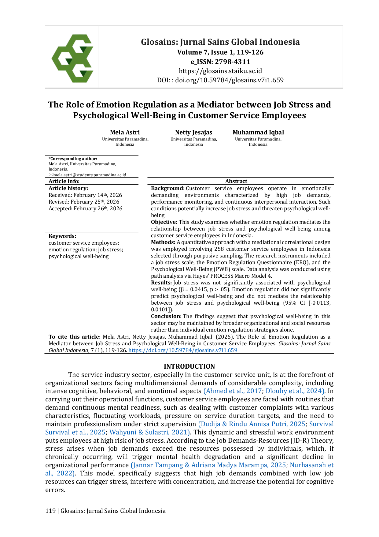 JURIS The Role of Emotion Regulation as a Mediator between Job Stress and Psychological Well Being in Customer Service Employees