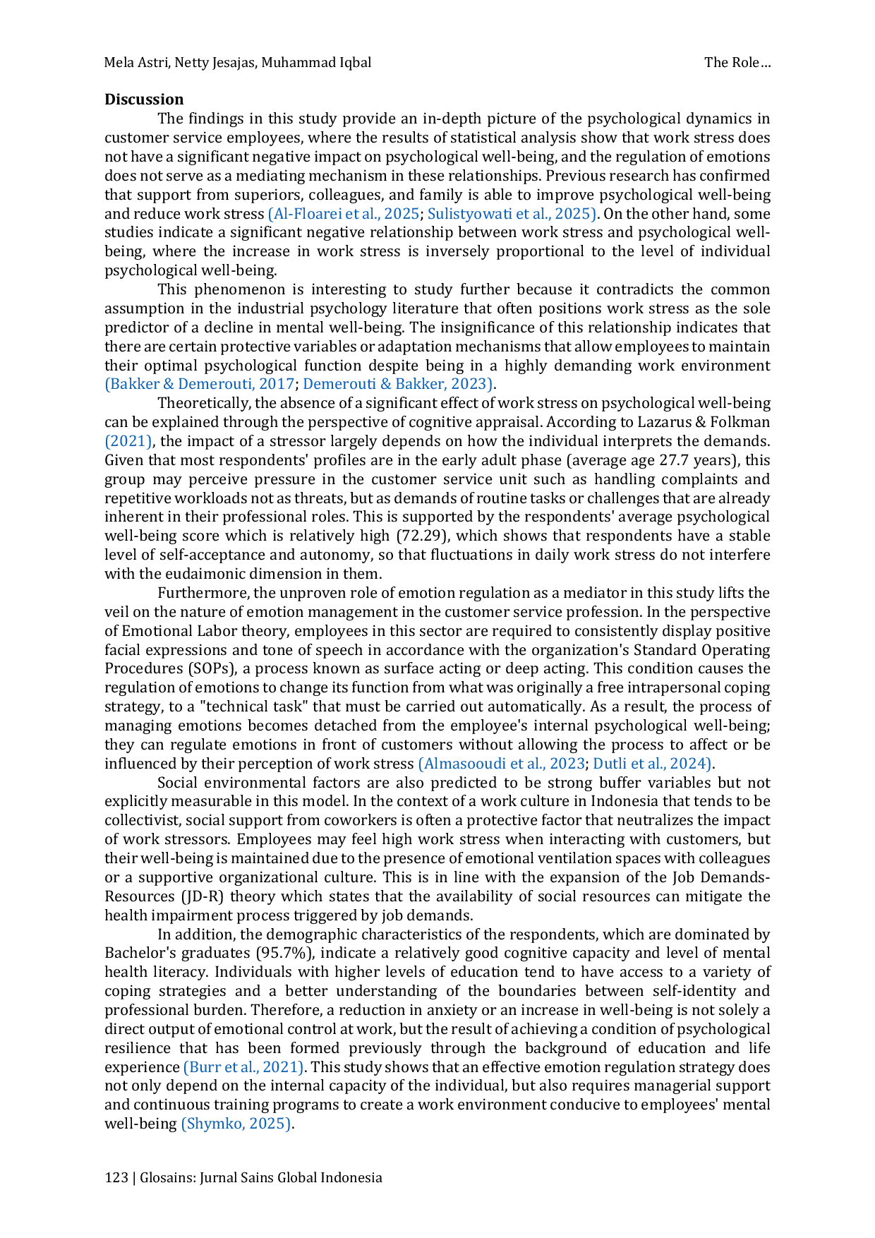 JURIS The Role of Emotion Regulation as a Mediator between Job Stress and Psychological Well Being in Customer Service Employees