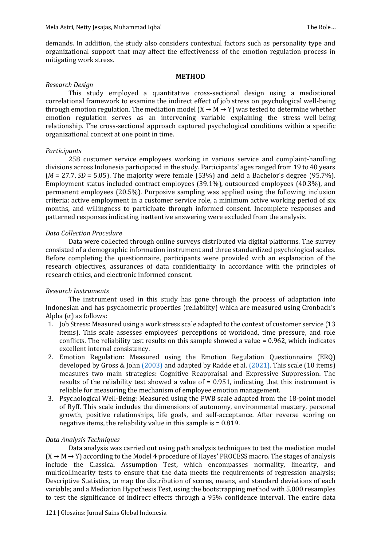JURIS The Role of Emotion Regulation as a Mediator between Job Stress and Psychological Well Being in Customer Service Employees