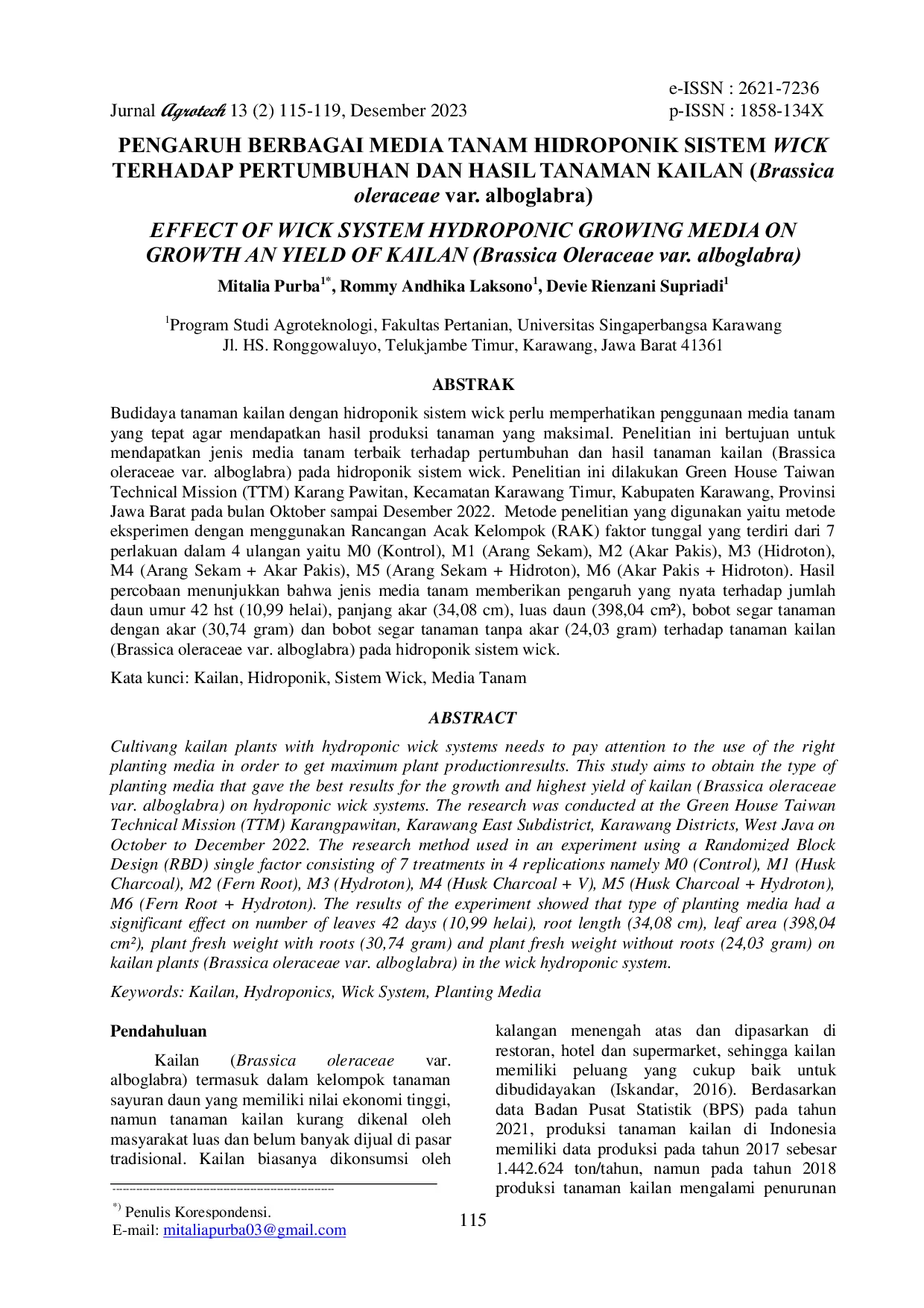 JURIS Pengaruh Berbagai Media Tanam Hidroponik Sistem Wick Terhadap Pertumbuhan dan Hasil Tanaman Kailan Brassica oleraceae var alboglabra