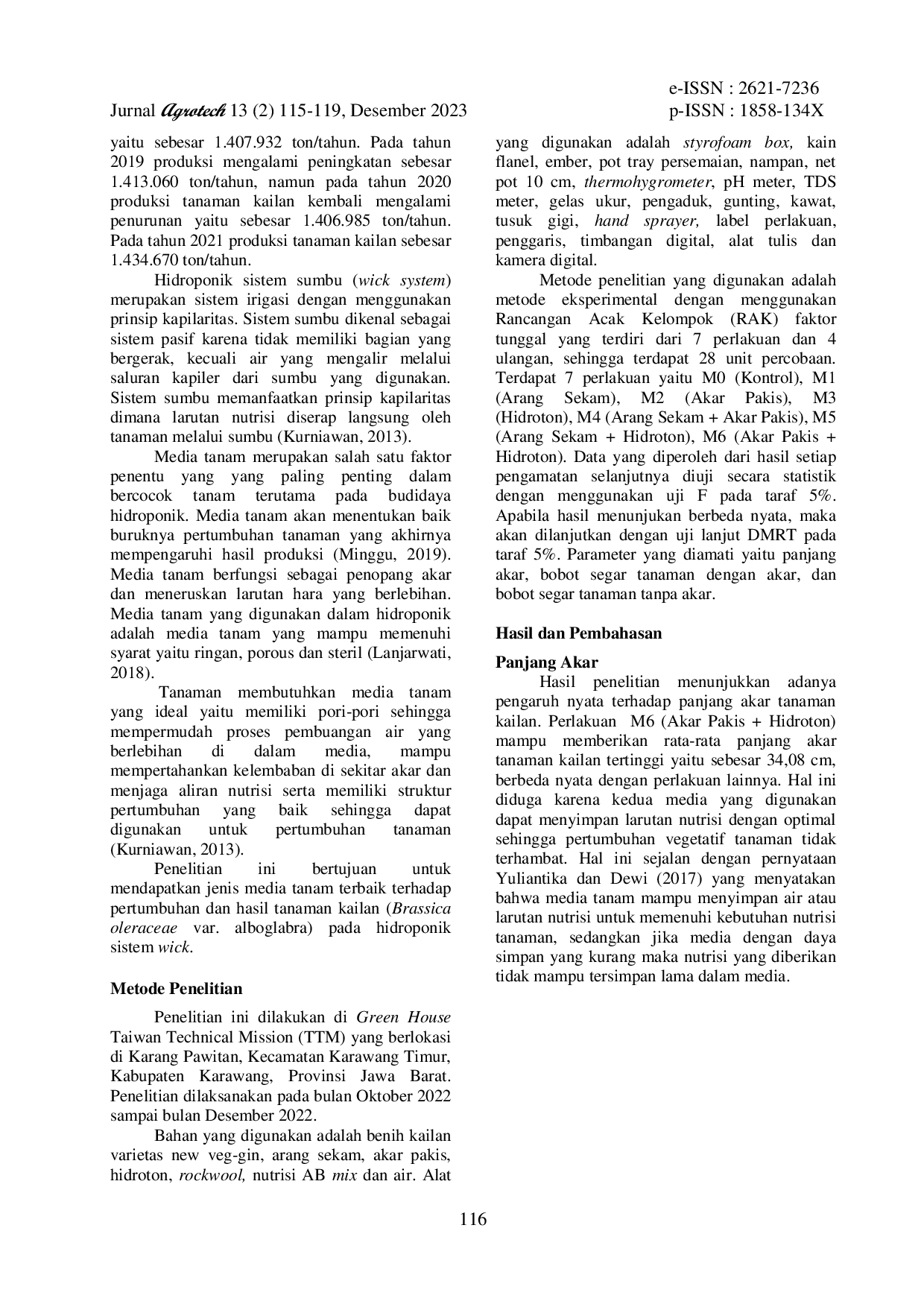 JURIS Pengaruh Berbagai Media Tanam Hidroponik Sistem Wick Terhadap Pertumbuhan dan Hasil Tanaman Kailan Brassica oleraceae var alboglabra