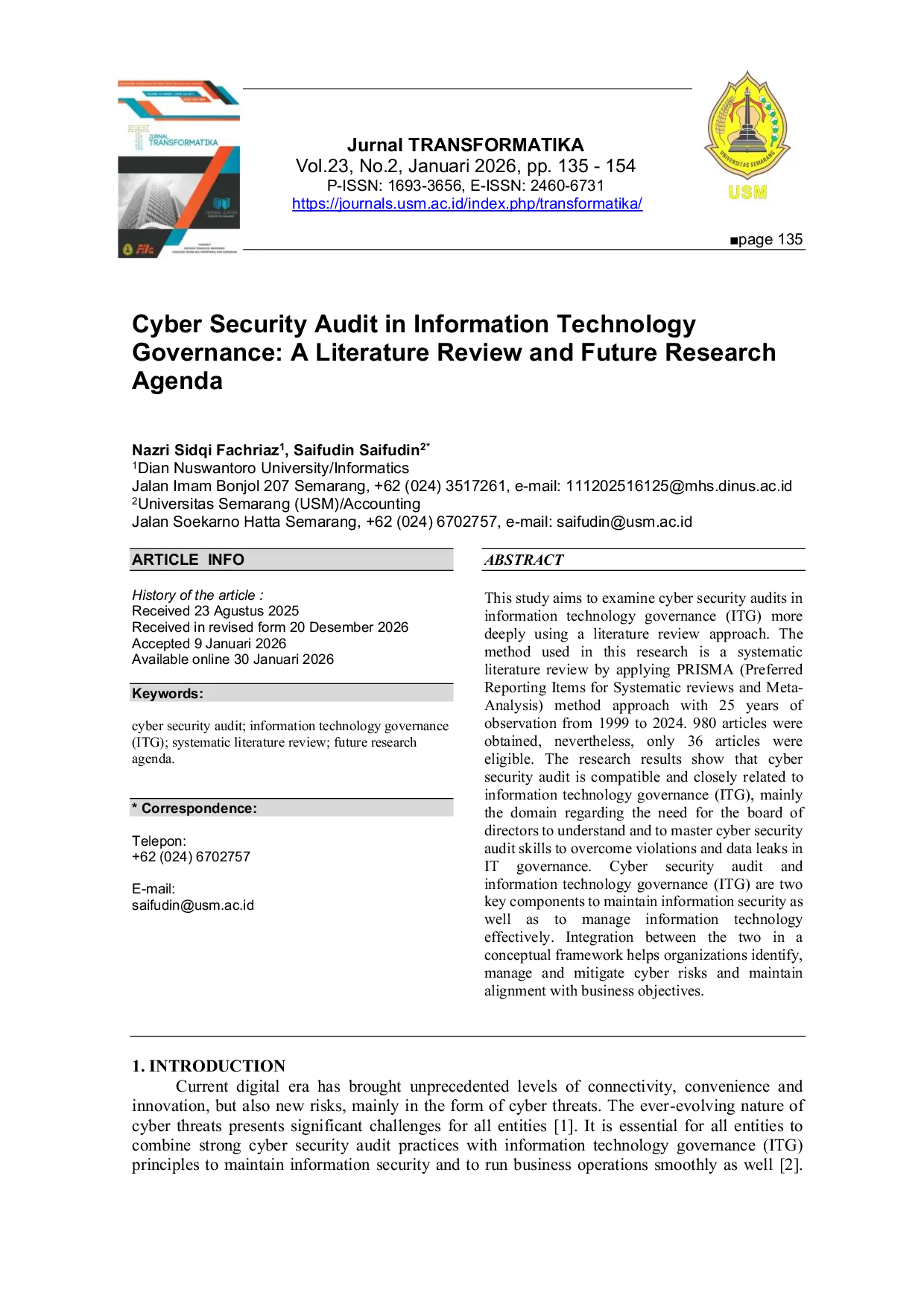 JURIS Cyber Security Audit in Information Technology Governance A Literature Review and Future Research Agenda