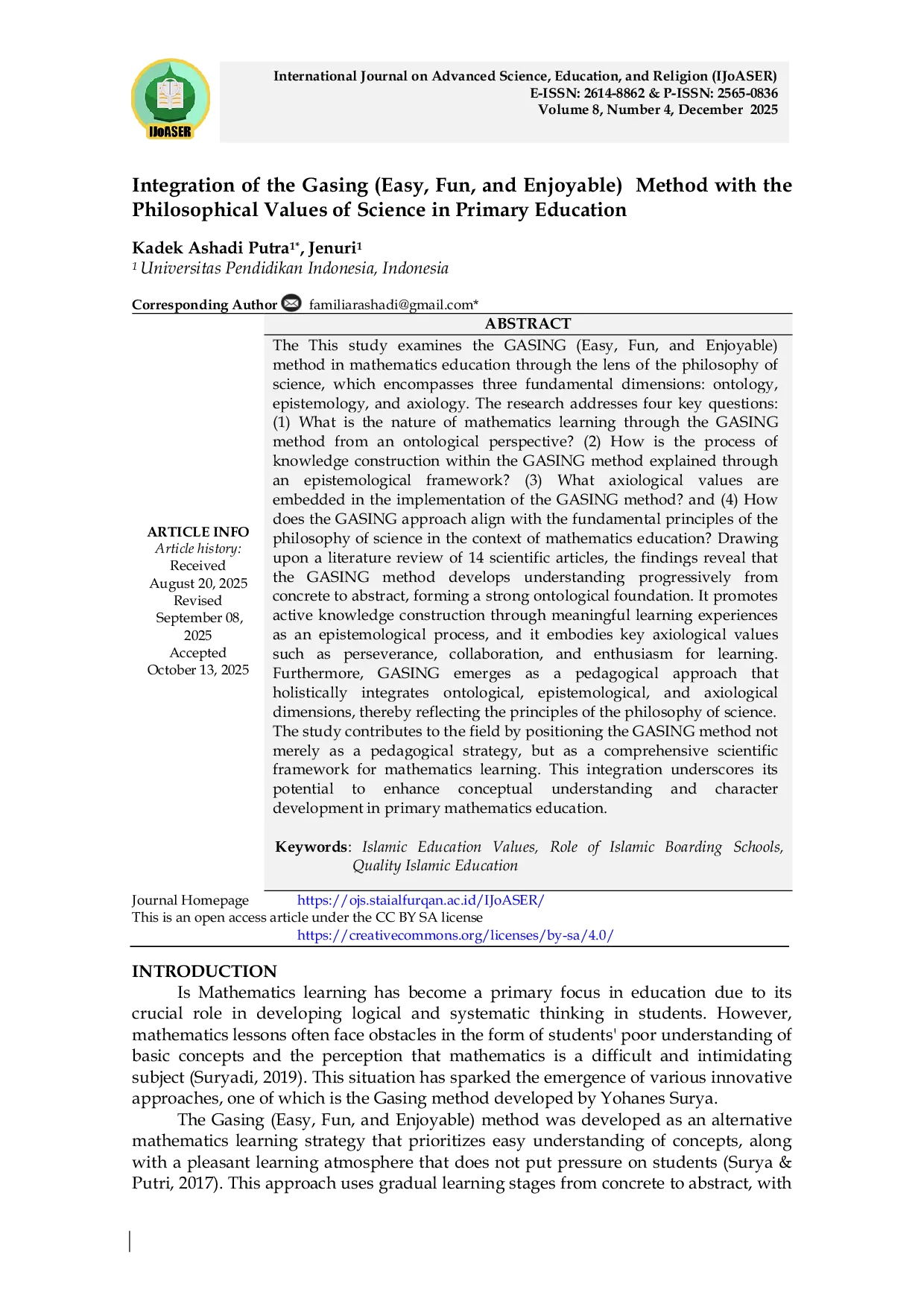 JURIS Integration of the Gasing Easy Fun and Enjoyable Method with the Philosophical Values of Science in Primary Education