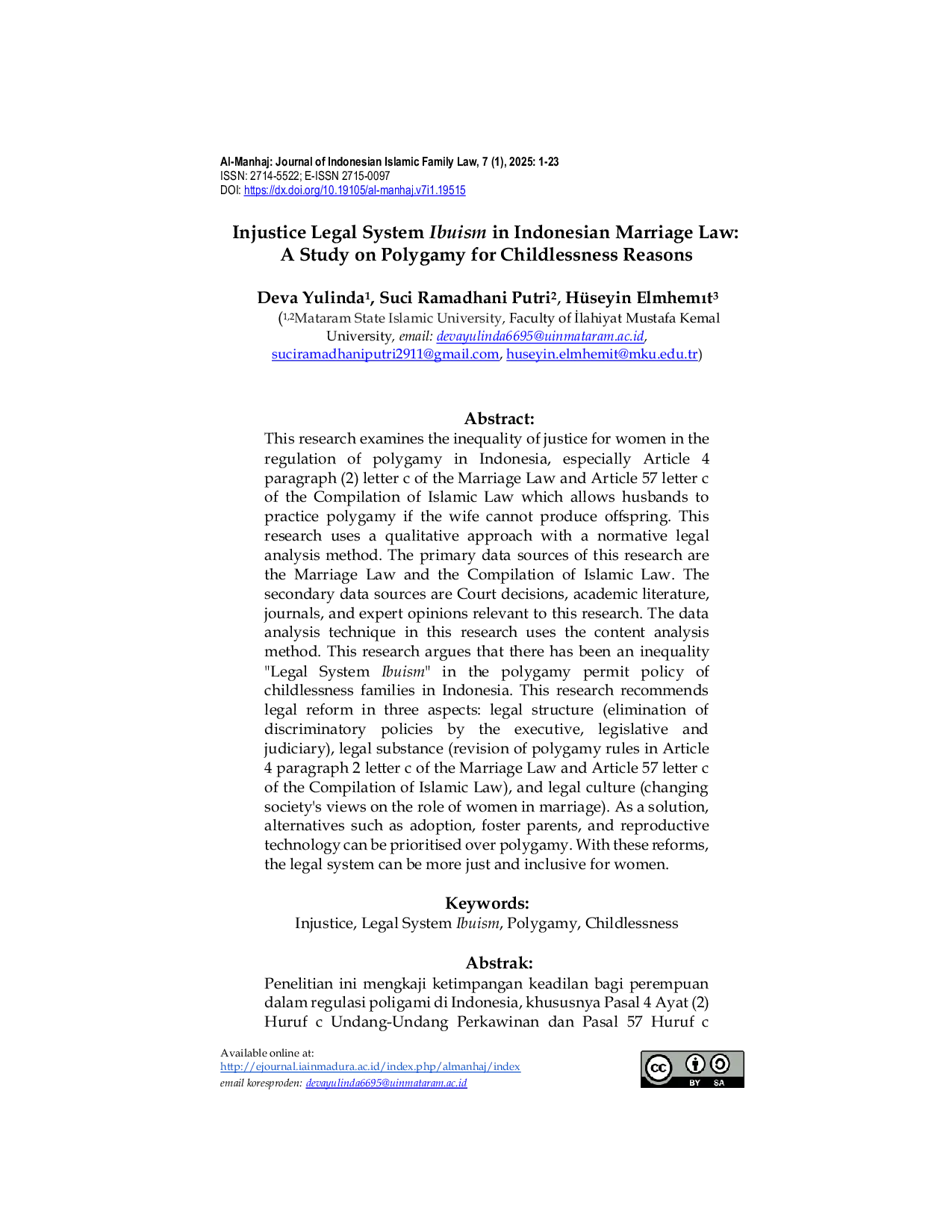 JURIS Injustice Legal System Ibuism in Indonesian Marriage Law A Study on Polygamy for Childlessness Reasons