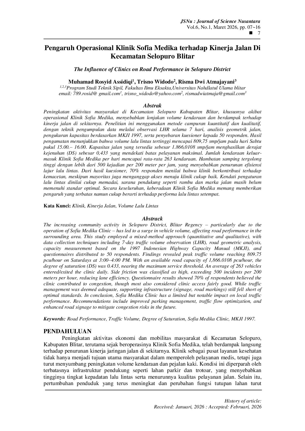 JURIS Pengaruh Operasional Klinik Sofia Medika Terhadap Kinerja Jalan Di Kecamatan Selopuro Blitar