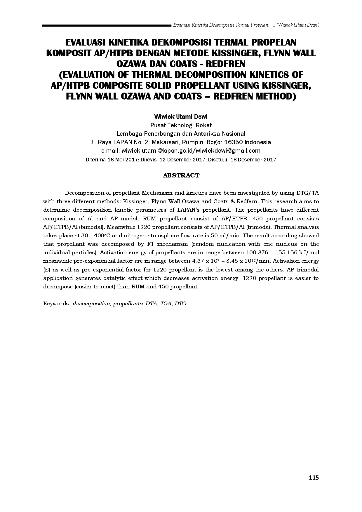 juris Evaluasi Kinetika Dekomposisi Termal Propelan Komposit Ap Htpb Dengan Metode Kissinger Flynn Wall Ozawa Dan Coats Redfren