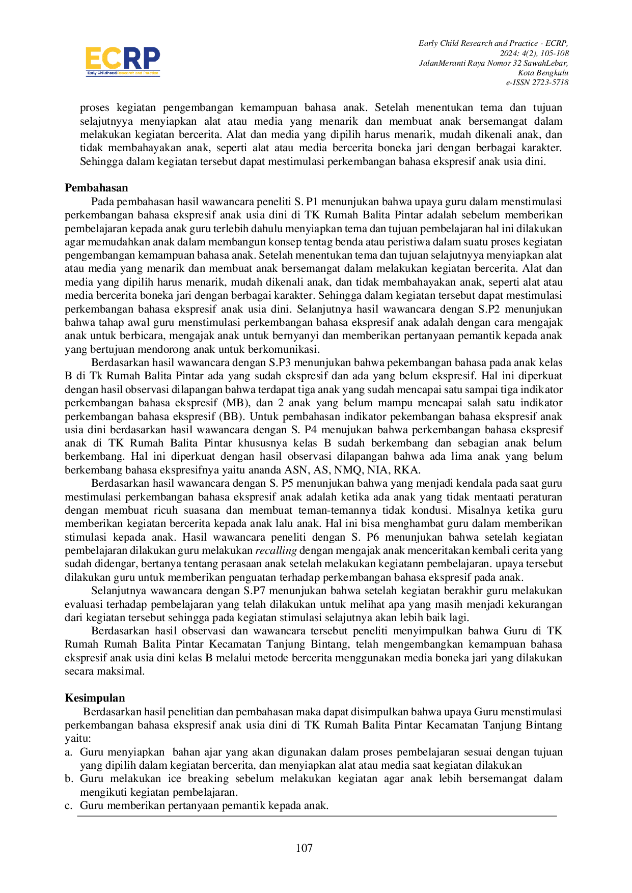 JURIS Upaya Guru Menstimulasi Perkembangan Bahasa Ekspresif Anak Usia Dini di TK Rumah Balita Pintar Kecamatan Tanjung Bintang Kabupaten Lampung Selatan