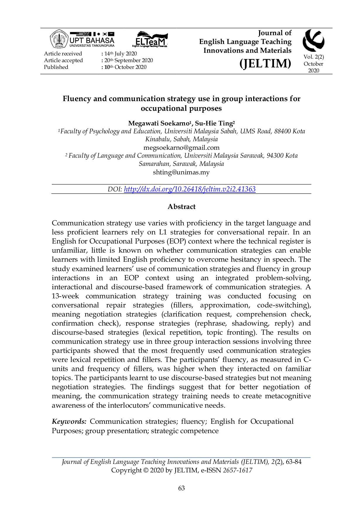 JURIS Fluency and Communication Strategy Use in Group Interactions for Occupational Purposes
