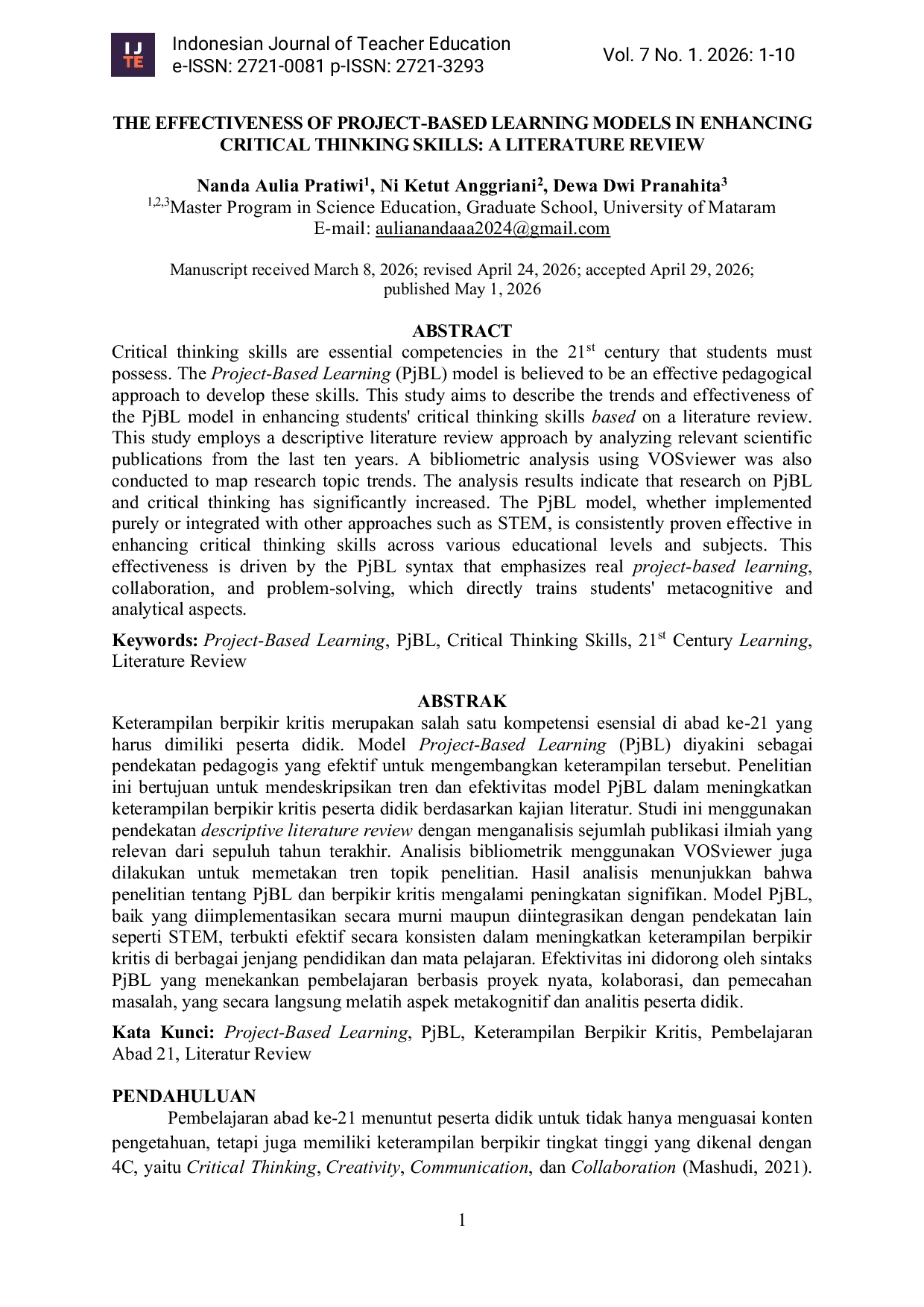 JURIS The Effectiveness of Project Based Learning Models in Enhancing Critical Thinking Skills A Literature Review
