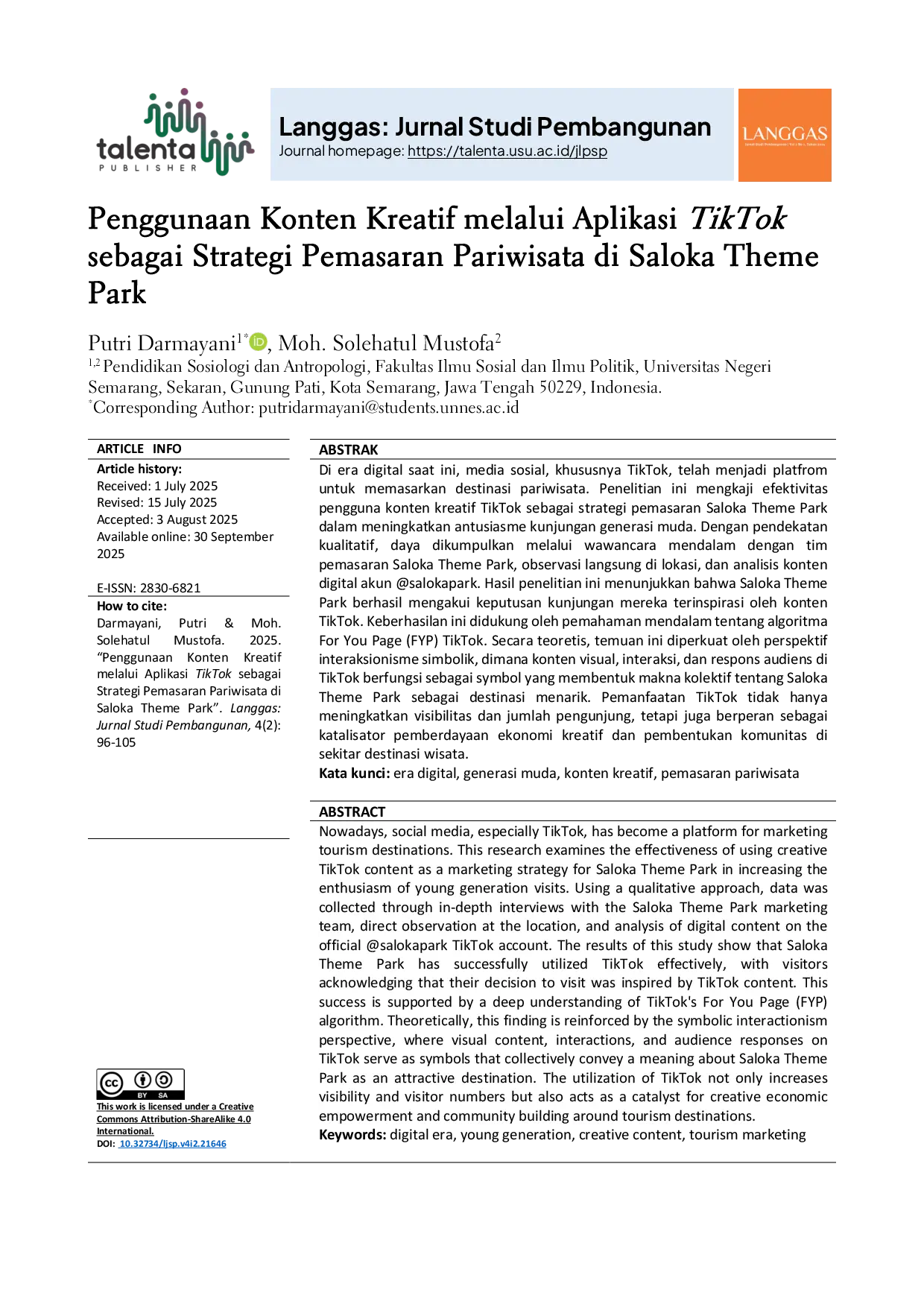 JURIS Penggunaan Konten Kreatif melalui Aplikasi TikTok sebagai Strategi Pemasaran Pariwisata di Saloka Theme Park