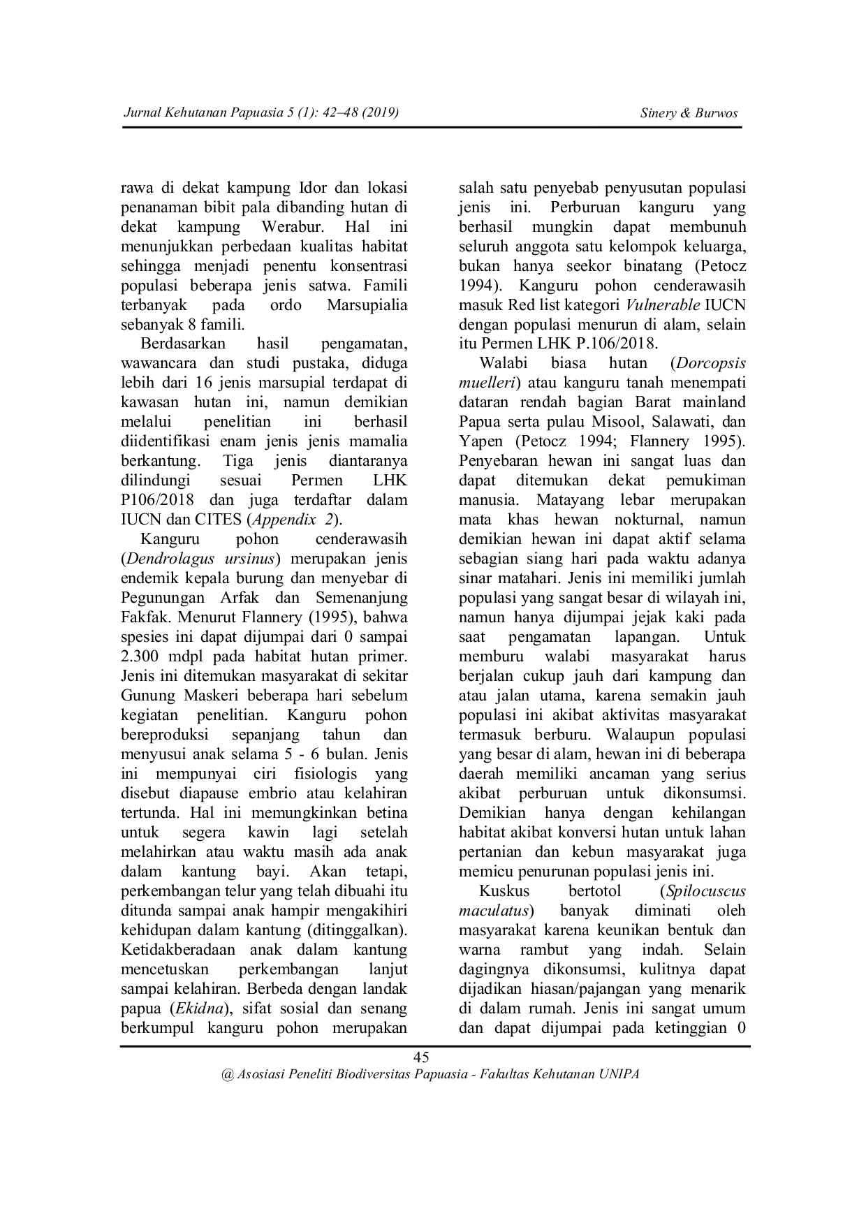JURIS Jenis Jenis Marsupialia Pada Areal Rencana Perkebunan Pala Kabupaten Teluk Wondama Dan Teluk Bintuni