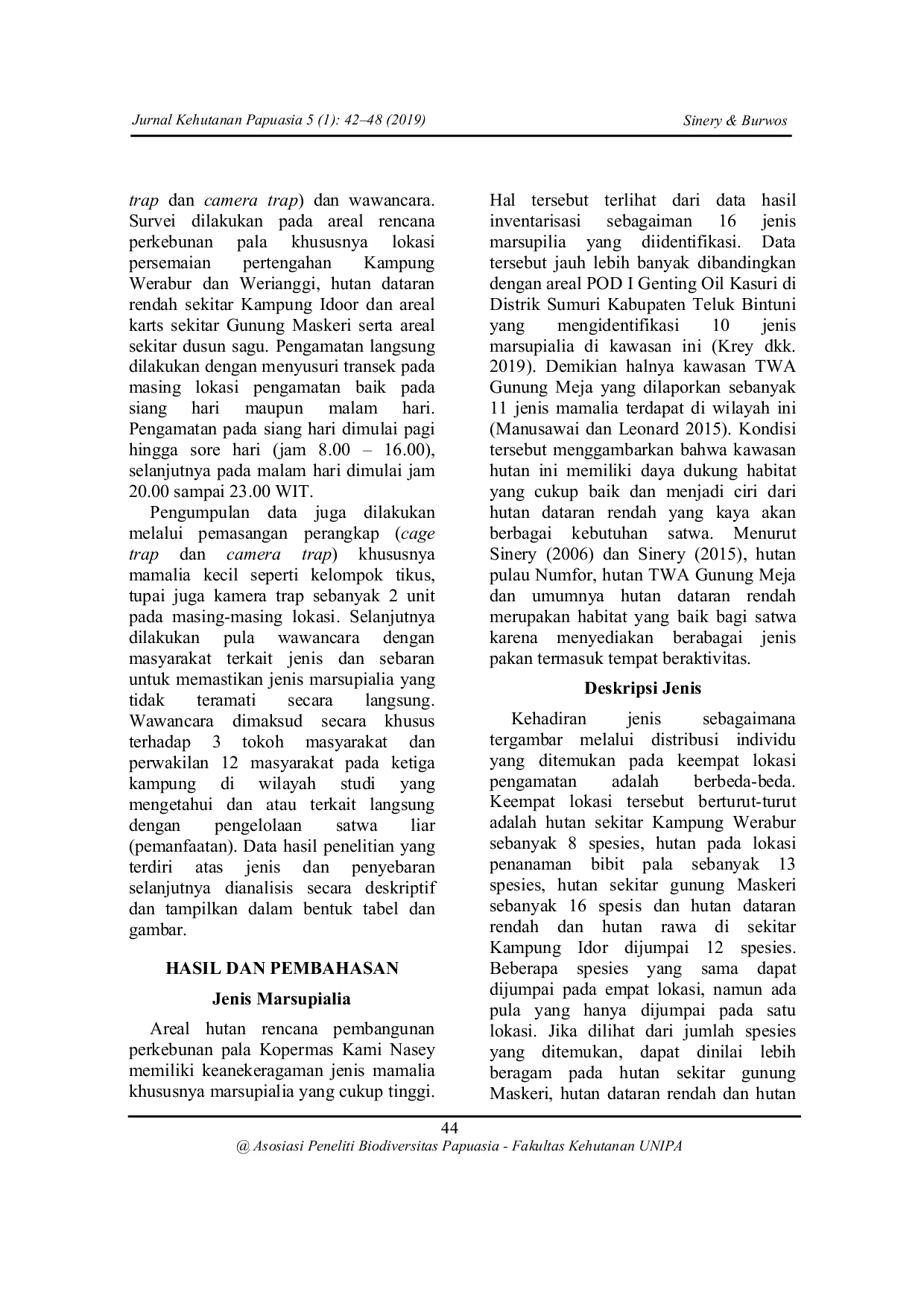 JURIS Jenis Jenis Marsupialia Pada Areal Rencana Perkebunan Pala Kabupaten Teluk Wondama Dan Teluk Bintuni