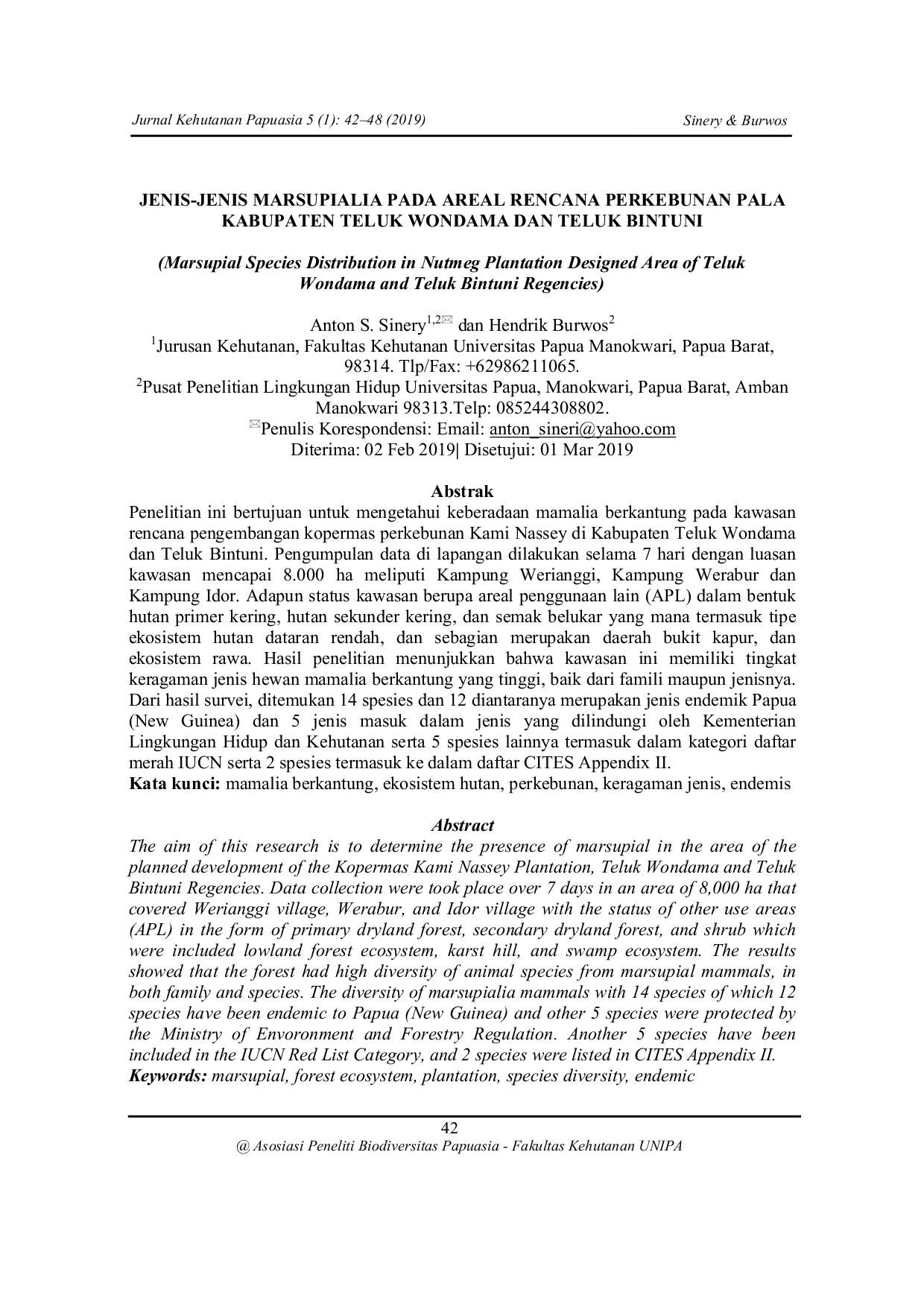 JURIS Jenis Jenis Marsupialia Pada Areal Rencana Perkebunan Pala Kabupaten Teluk Wondama Dan Teluk Bintuni