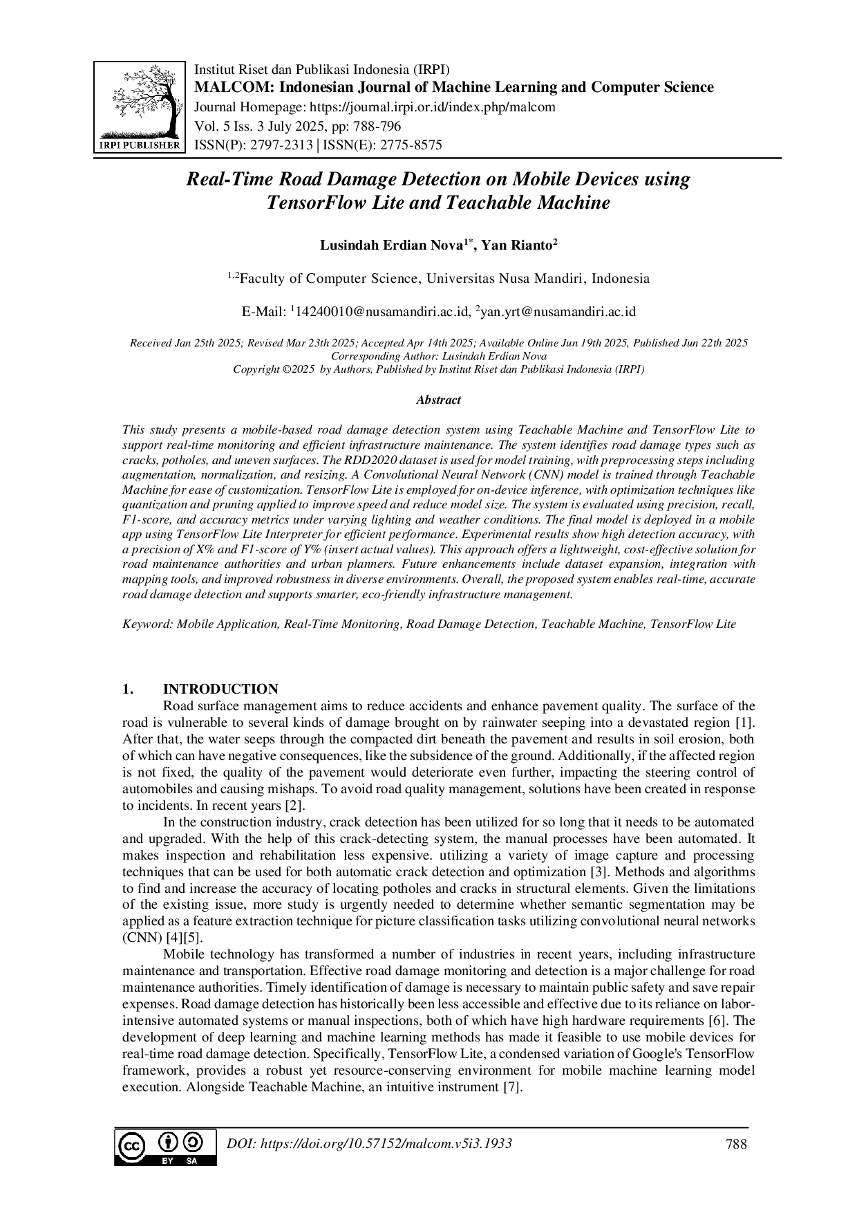 juris Real Time Road Damage Detection on Mobile Devices using TensorFlow Lite and Teachable Machine