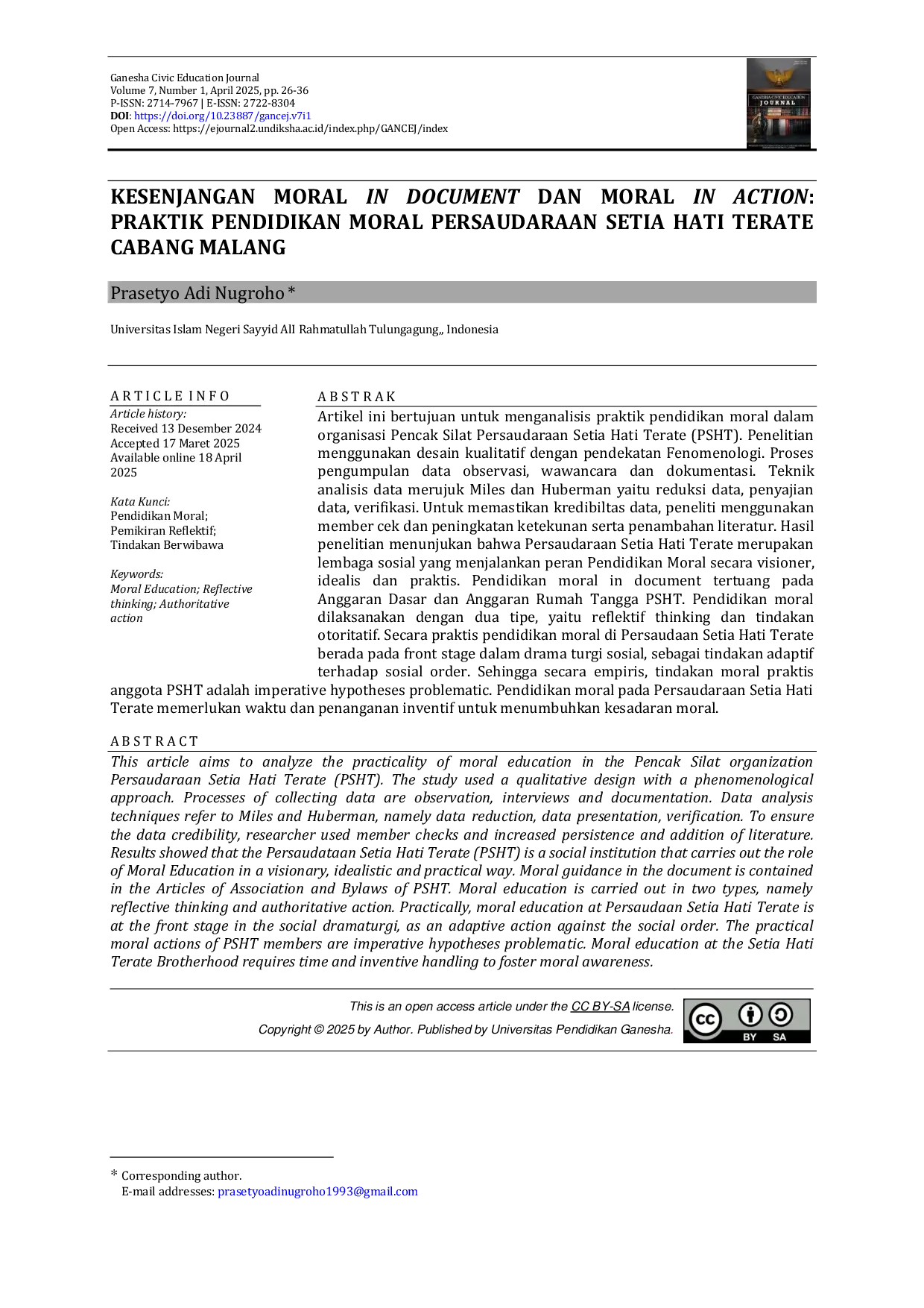 JURIS Kesenjangan Moral In Document Dan Moral In Action Praktik Pendidikan Moral Persaudaraan Setia Hati Terate Cabang Malang
