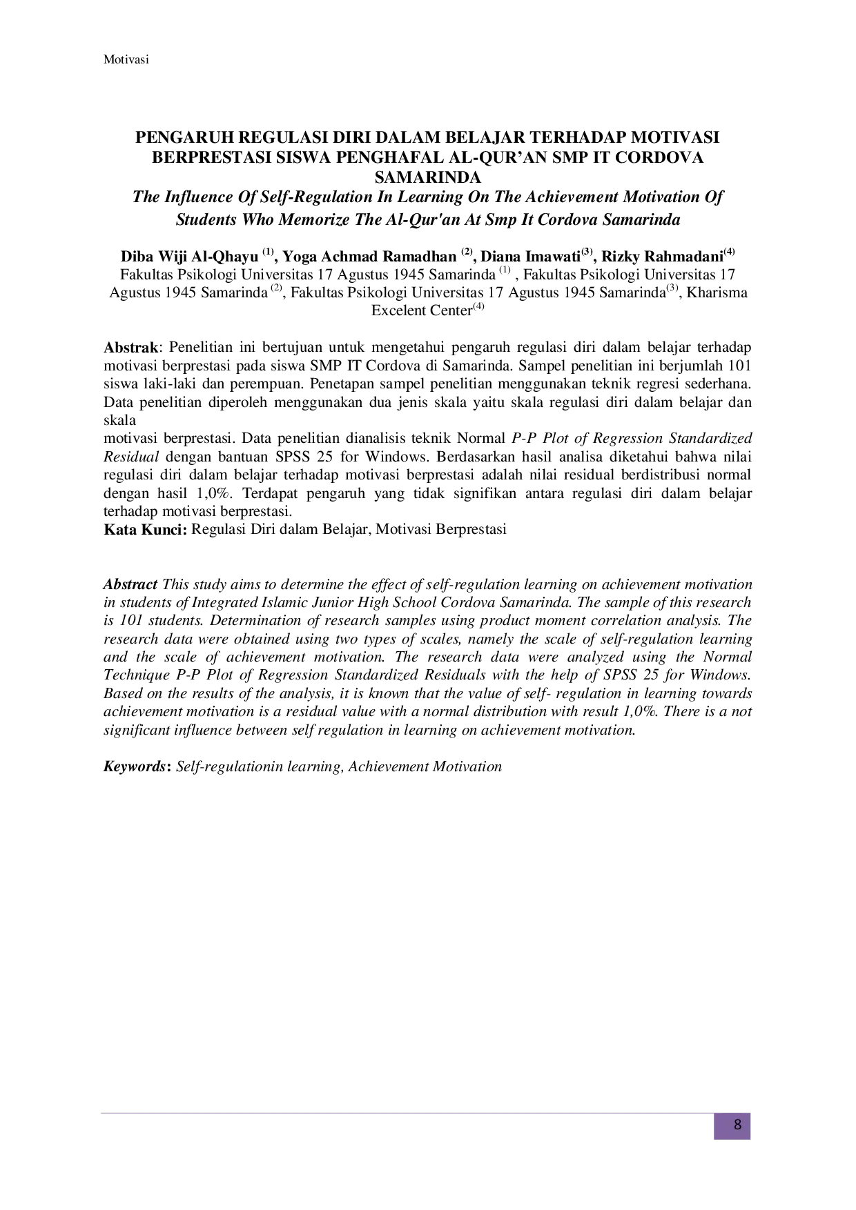 JURIS Pengaruh Regulasi Diri Dalam Belajar Terhadap Motivasi Berprestasi Siswa Penghafal Al Qur an SMP IT Cordova Samarinda