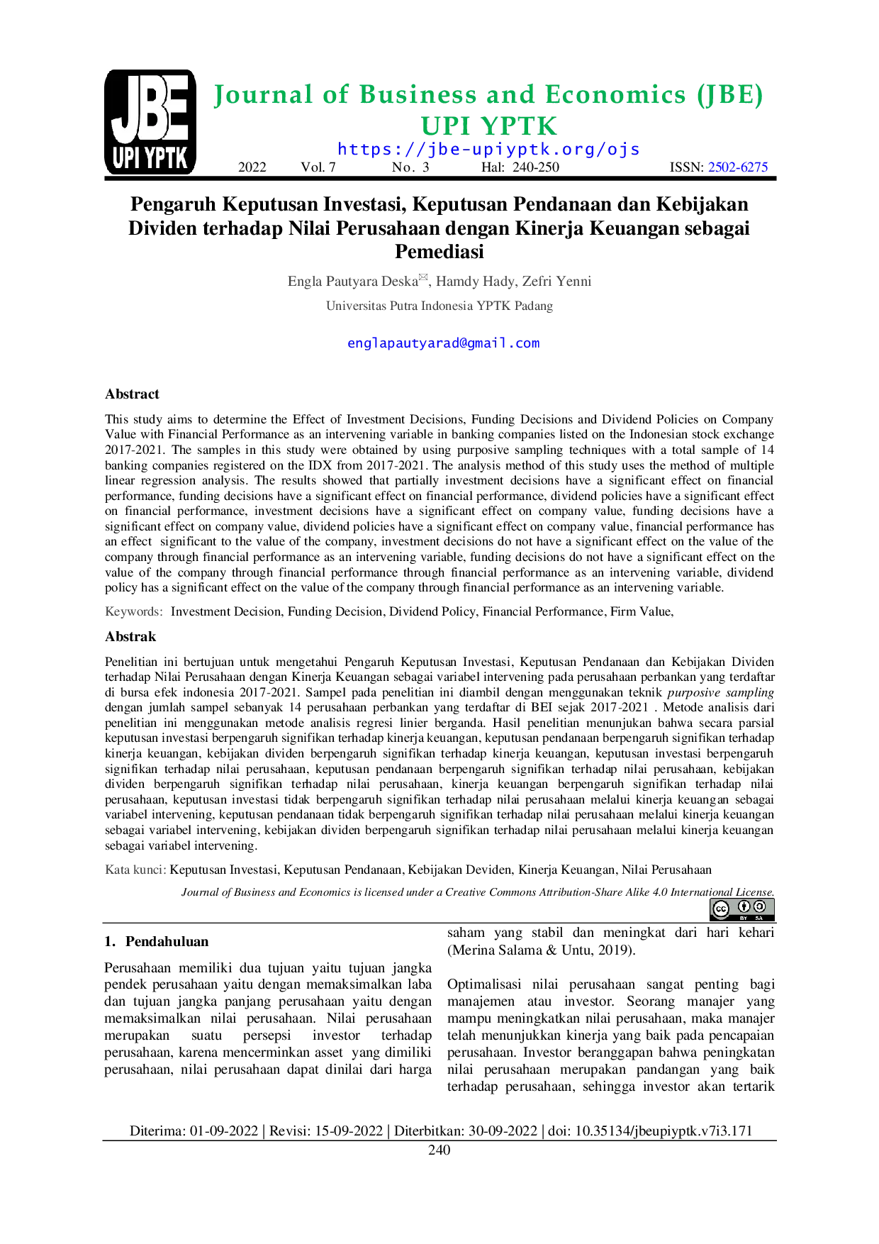 JURIS Pengaruh Keputusan Investasi Keputusan Pendanaan dan Kebijakan Dividen terhadap Nilai Perusahaan dengan Kinerja Keuangan sebagai Pemediasi