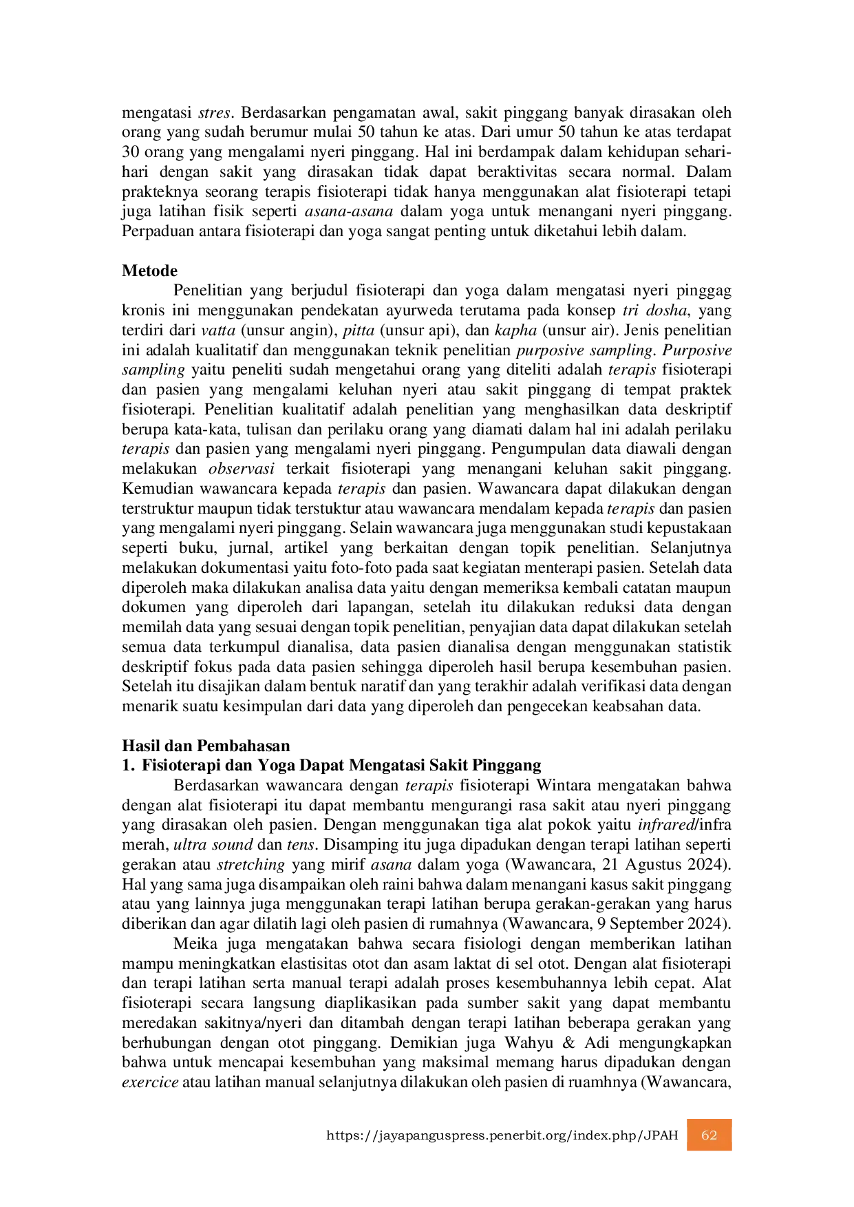 JURIS Fisioterapi Dan Yoga Dalam Mengatasi Nyeri Pinggang Kronis