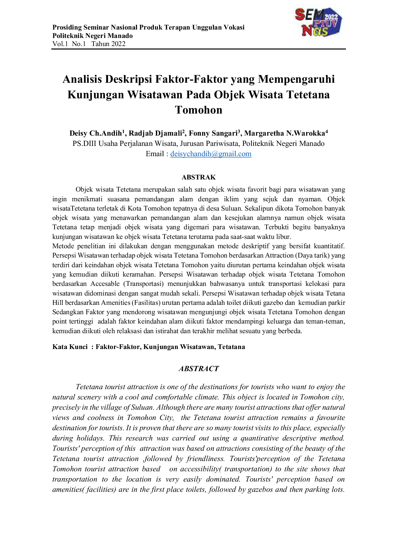 JURIS Analisis Deskripsi Faktor Faktor yang Mempengaruhi Kunjungan Wisatawan Pada Objek Wisata Tetetana Tomohon