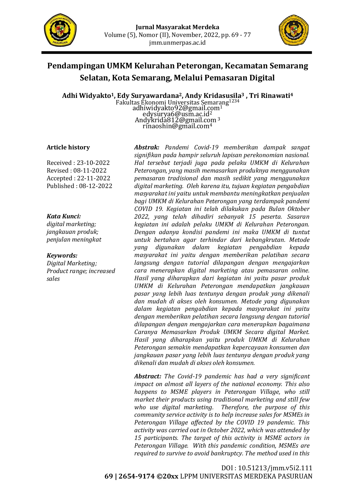 JURIS Pendampingan UMKM Kelurahan Peterongan Kecamatan Semarang Selatan Kota Semarang Melalui Pemasaran Digital