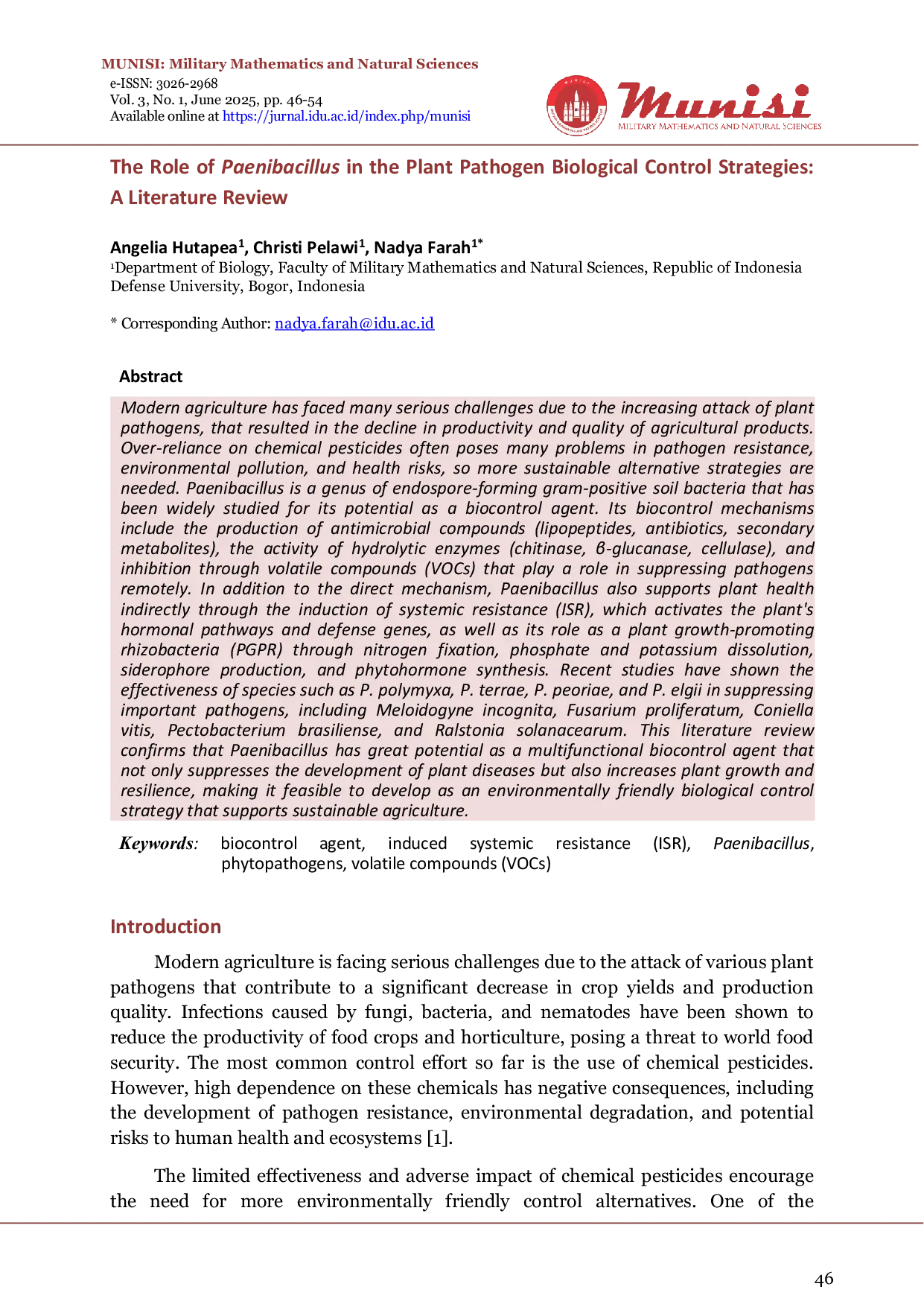 JURIS The Role of Paenibacillus in the Plant Pathogen Biological Control Strategies A Literature Review