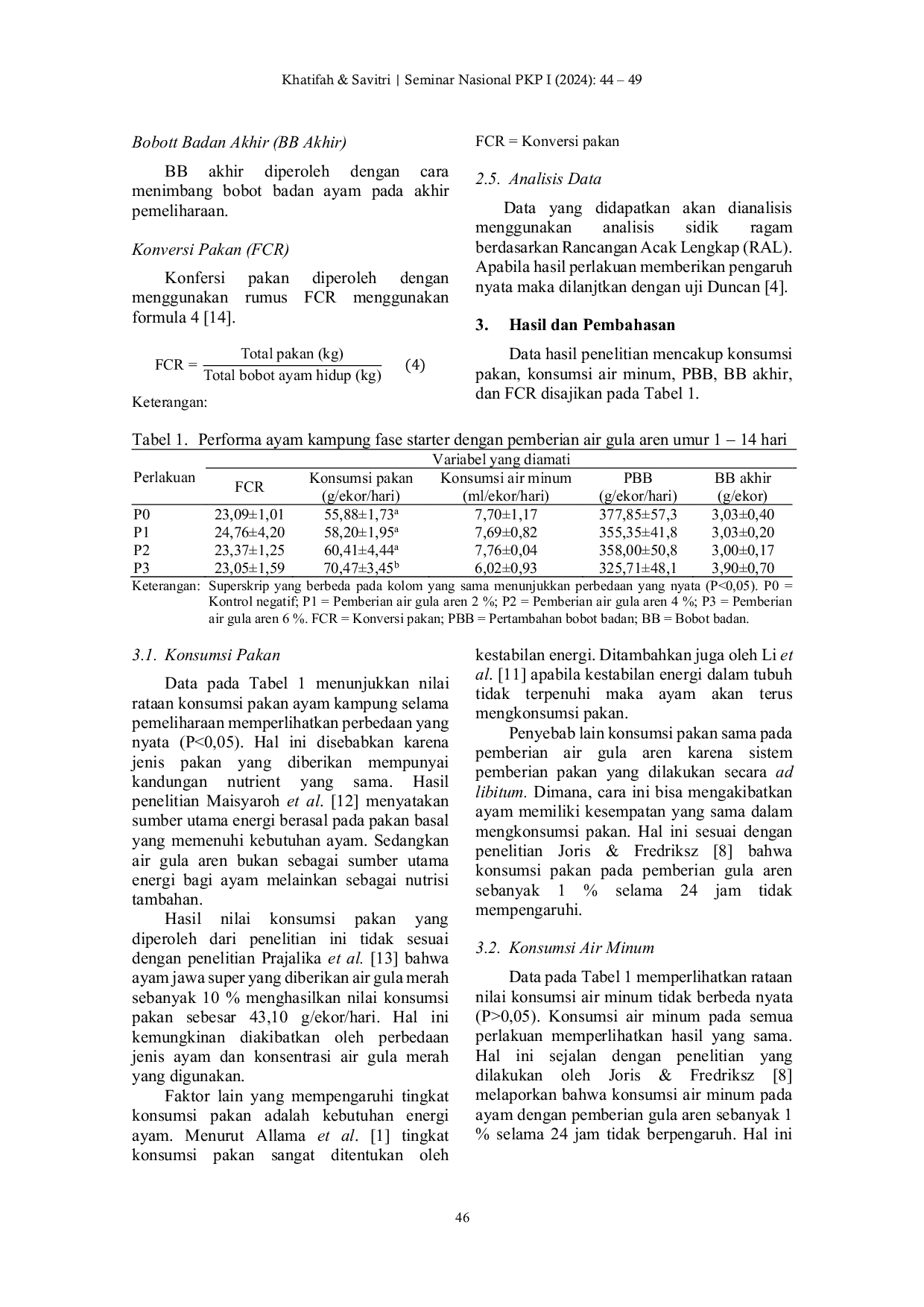 JURIS Performa Ayam Kampung Fase Starter dengan Pemberian Air Gula Aren