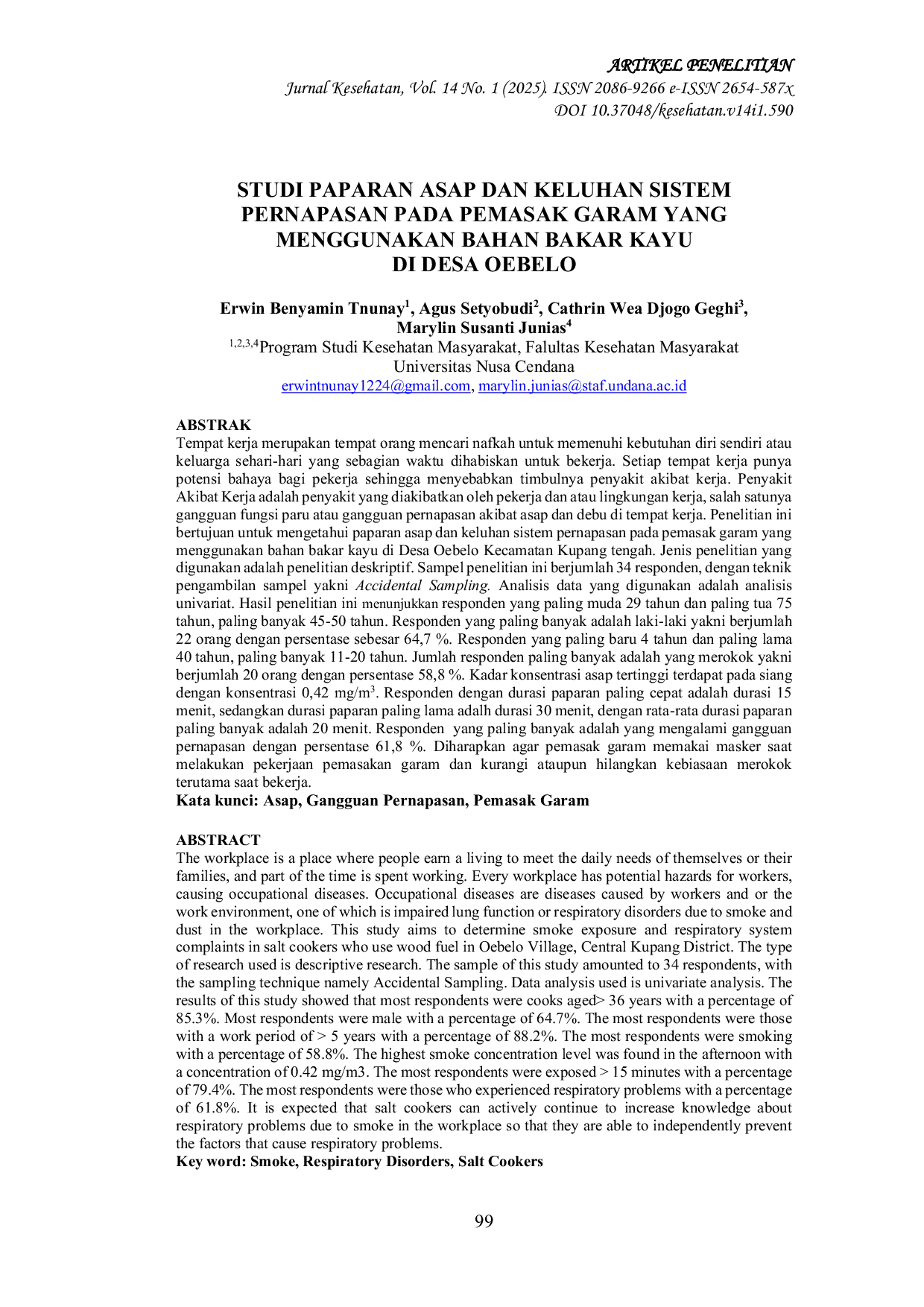 JURIS Studi Paparan Asap Dan Keluhan Sistem Pernapasan Pada Pemasak Garam Yang Menggunakan Bahan Bakar Kayu Di Desa Oebelo