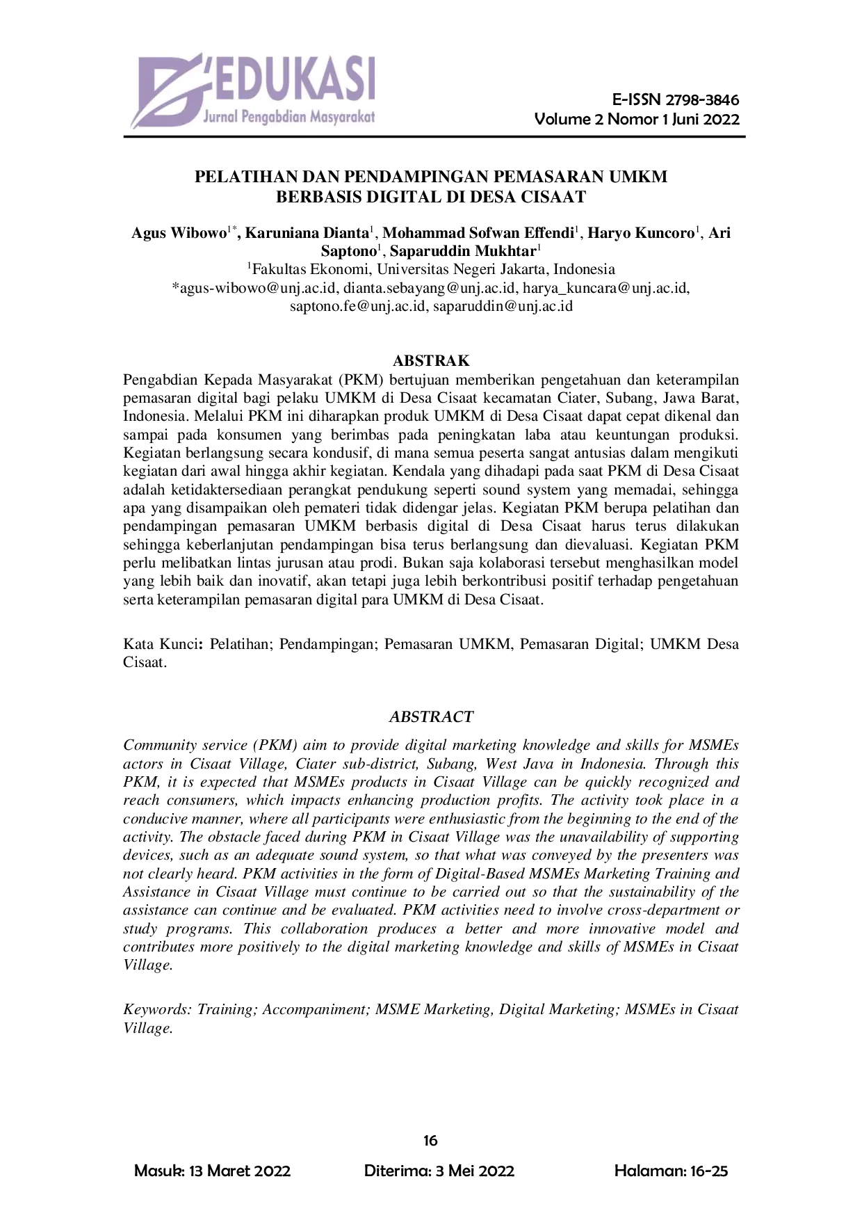 JURIS Pelatihan Dan Pendampingan Pemasaran Umkm Berbasis Digital Di Desa Cisaat