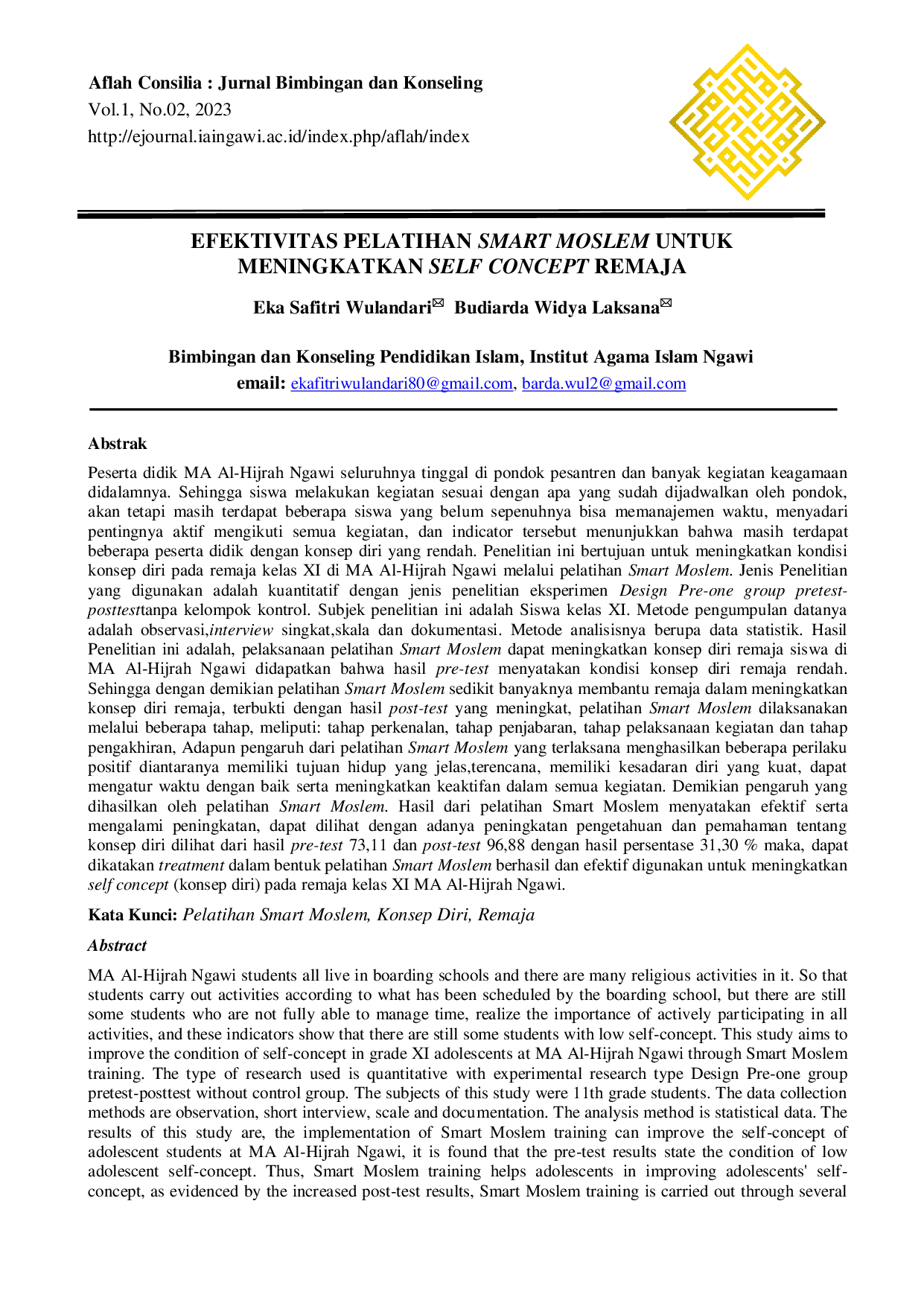 JURIS Efektivitas Pelatihan Smart Moslem untuk Meningkatkan Self Concept Remaja