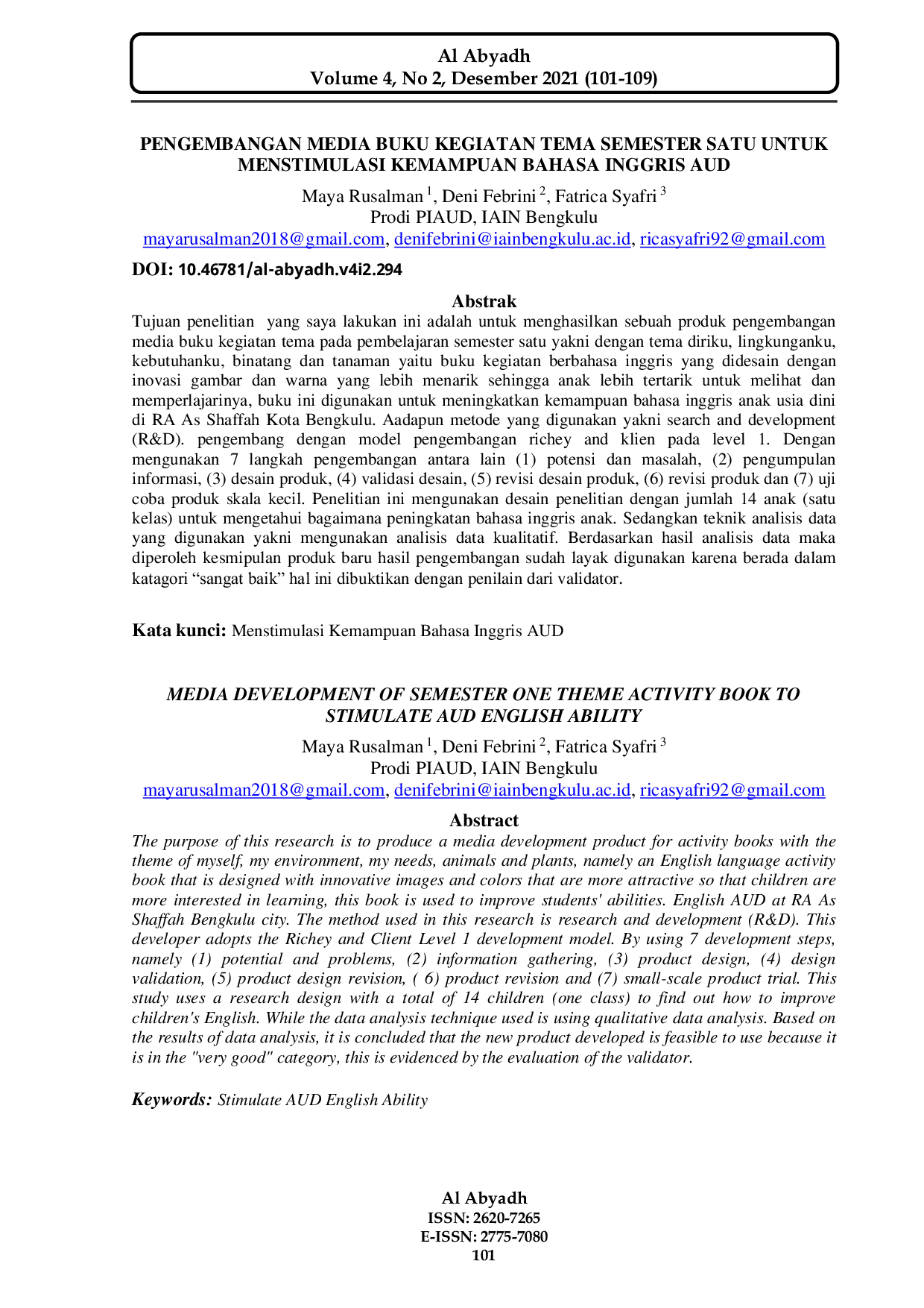 JURIS Pengembangan Media Buku Kegiatan Tema Semester Satu untuk Menstimulasi Kemampuan Bahasa Inggris AUD