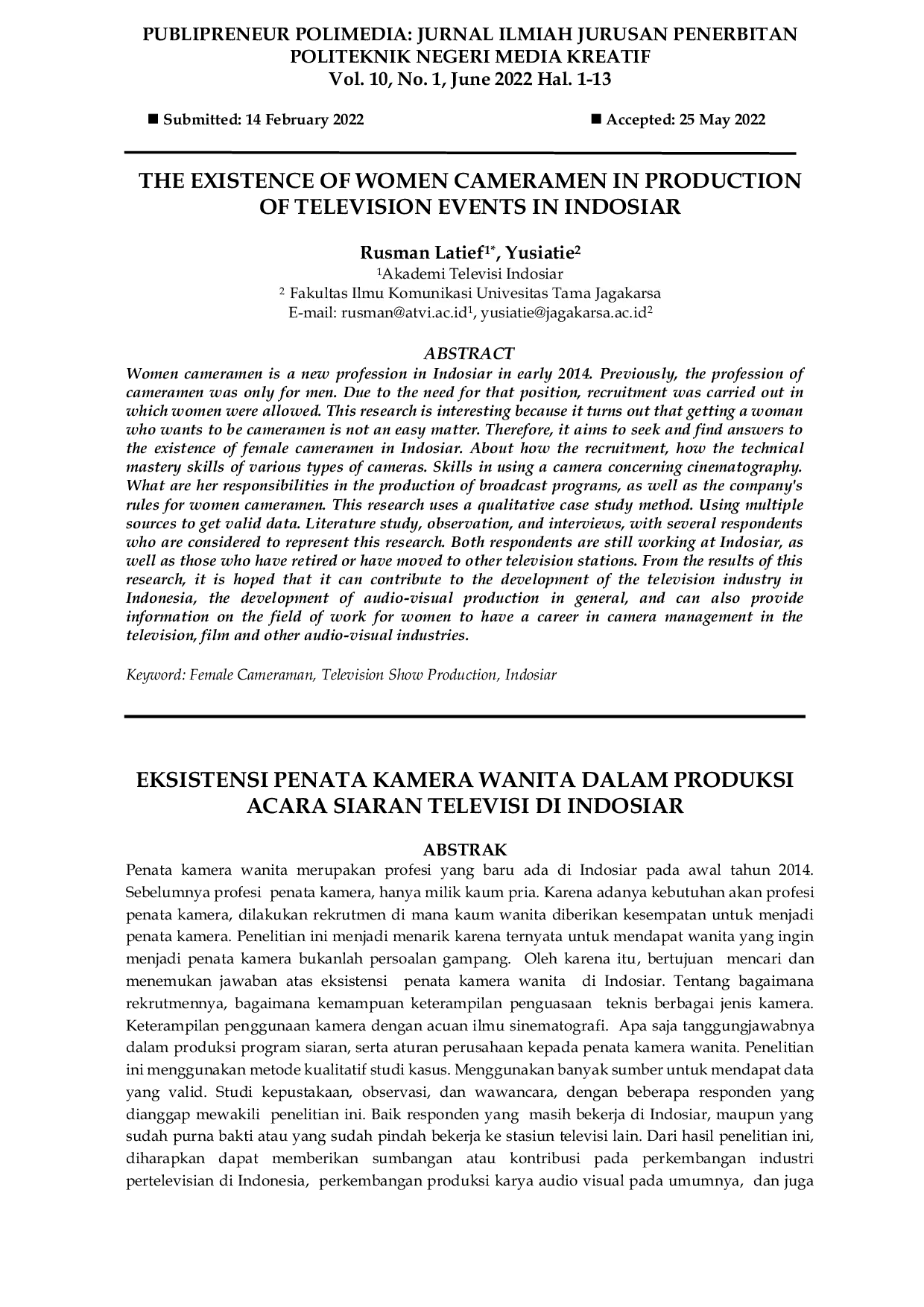 JURIS Eksistensi Penata Kamera Wanita Dalam Produksi Acara Siaran Televisi Di Indosiar