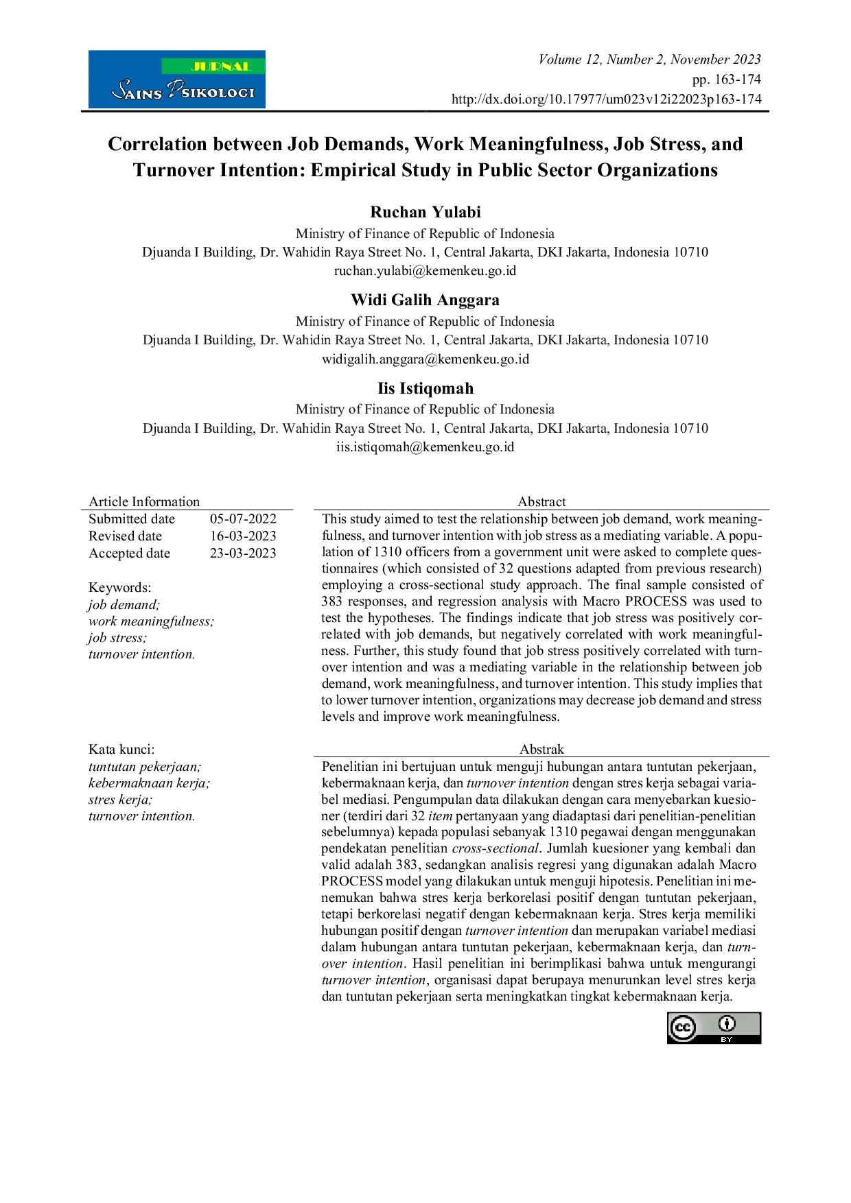 JURIS Correlation between Job Demands Work Meaningfulness Job Stress and Turnover Intention Empirical Study in Public Sector Organizations