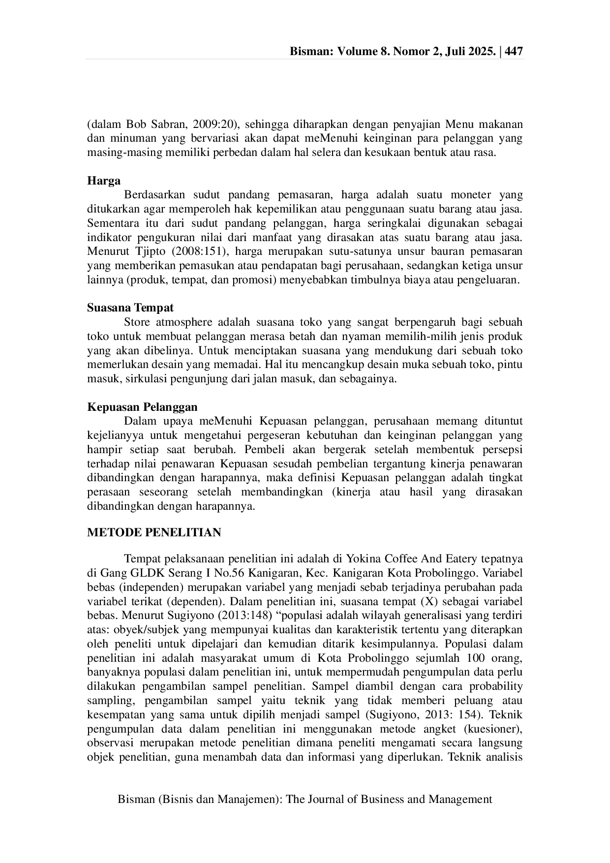 JURIS Pengaruh Variasi Menu Harga dan Suasana Tempat terhadap Kepuasan Pelanggan Yokina Coffee and Eatery