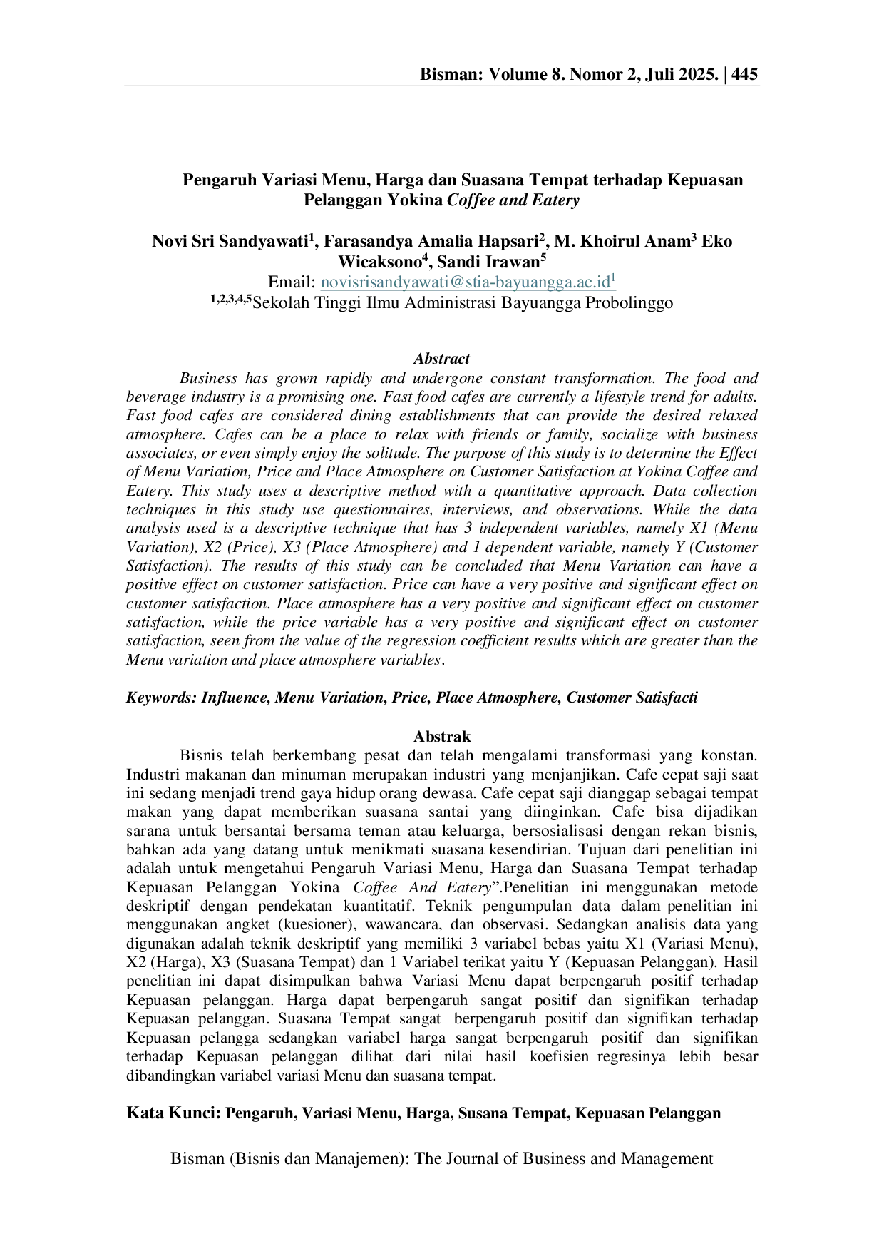 JURIS Pengaruh Variasi Menu Harga dan Suasana Tempat terhadap Kepuasan Pelanggan Yokina Coffee and Eatery