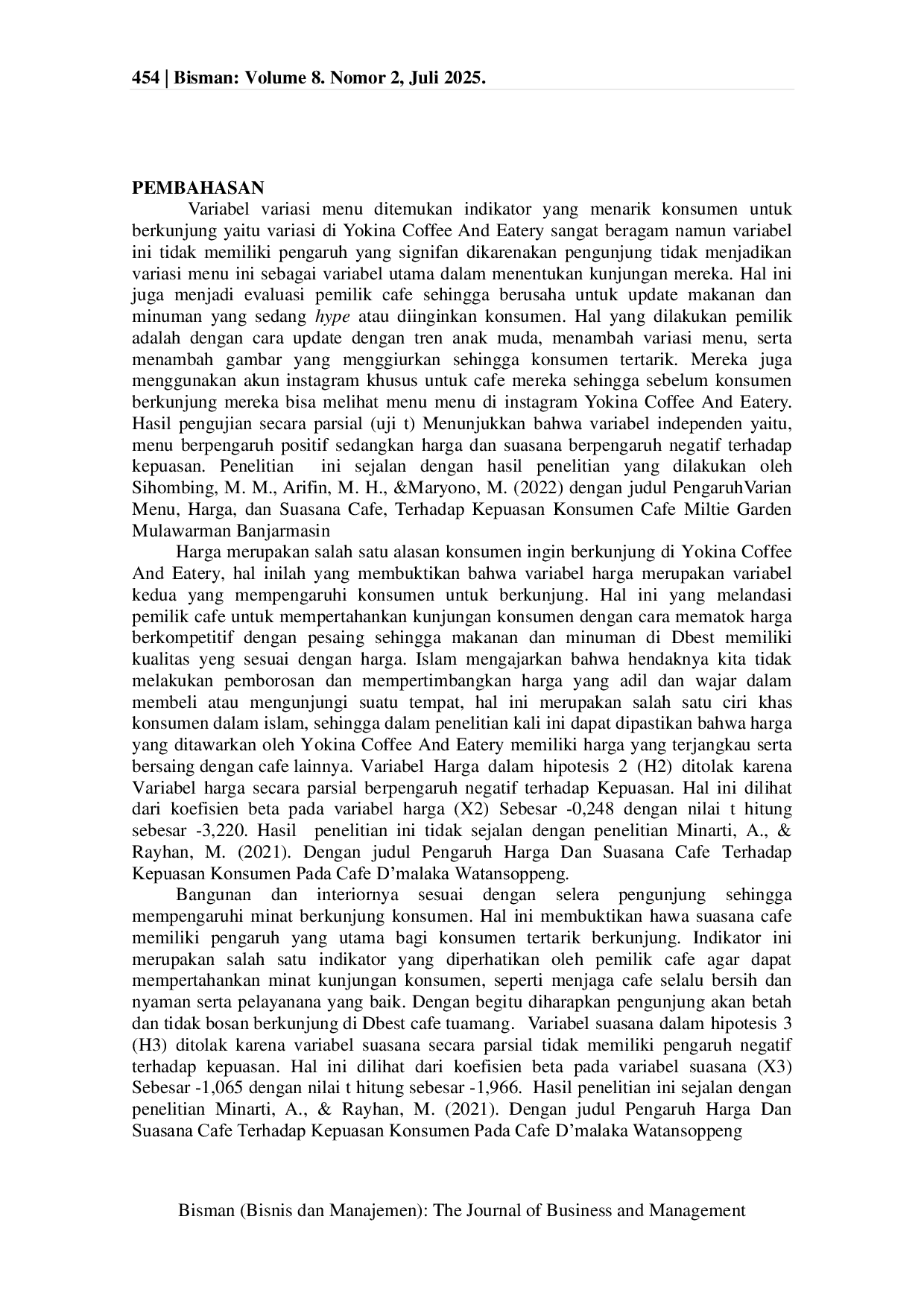 JURIS Pengaruh Variasi Menu Harga dan Suasana Tempat terhadap Kepuasan Pelanggan Yokina Coffee and Eatery
