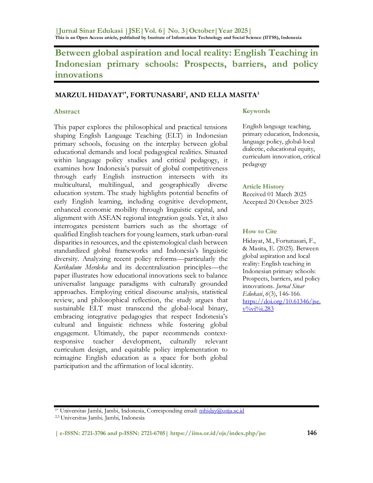 JURIS Between global aspiration and local reality English Teaching in Indonesian primary schools Prospects barriers and policy innovations