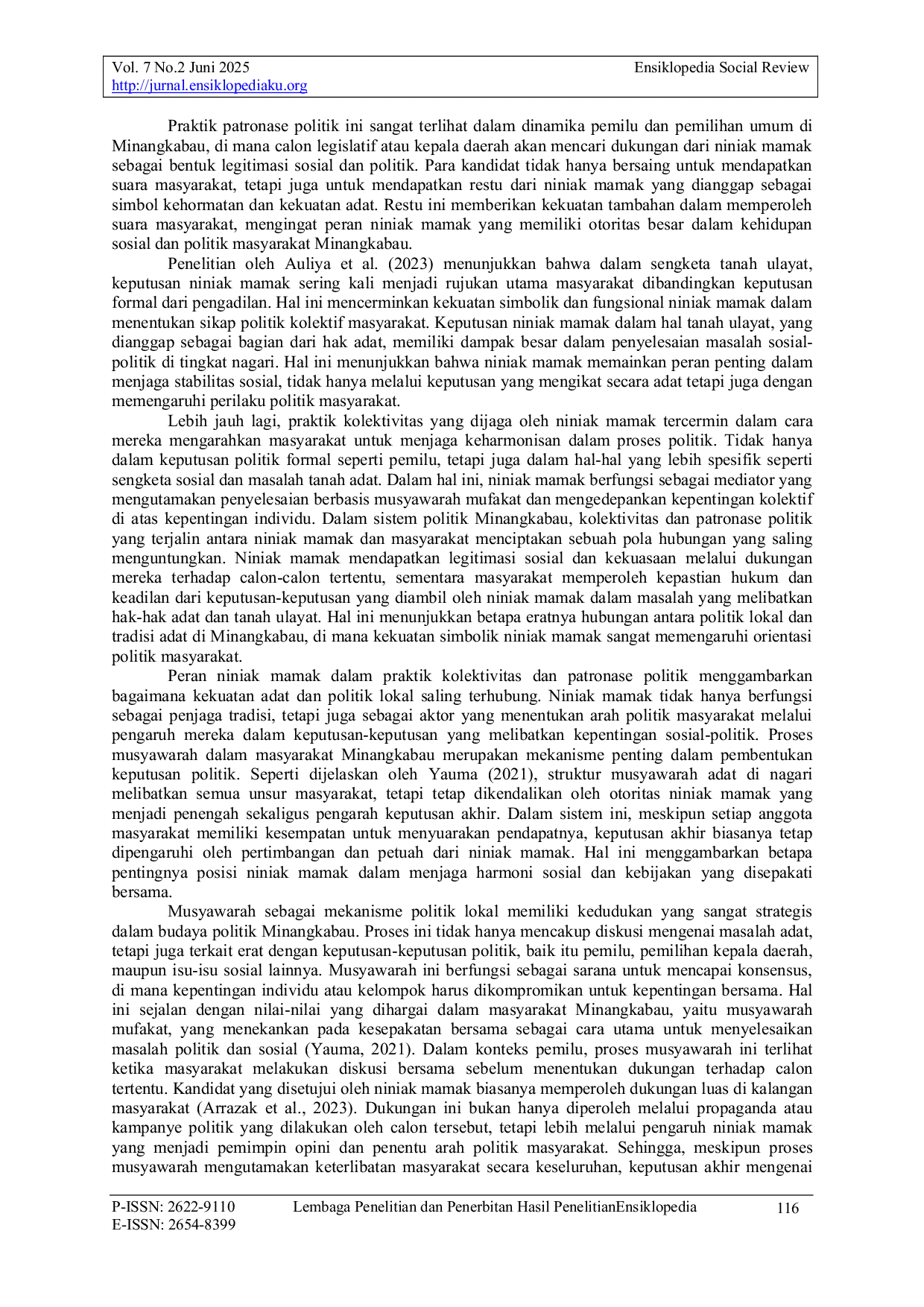 JURIS Peran Kepemimpinan Adat Niniak Mamak Pada Perilaku Politik Masyarakat Di Minangkabau