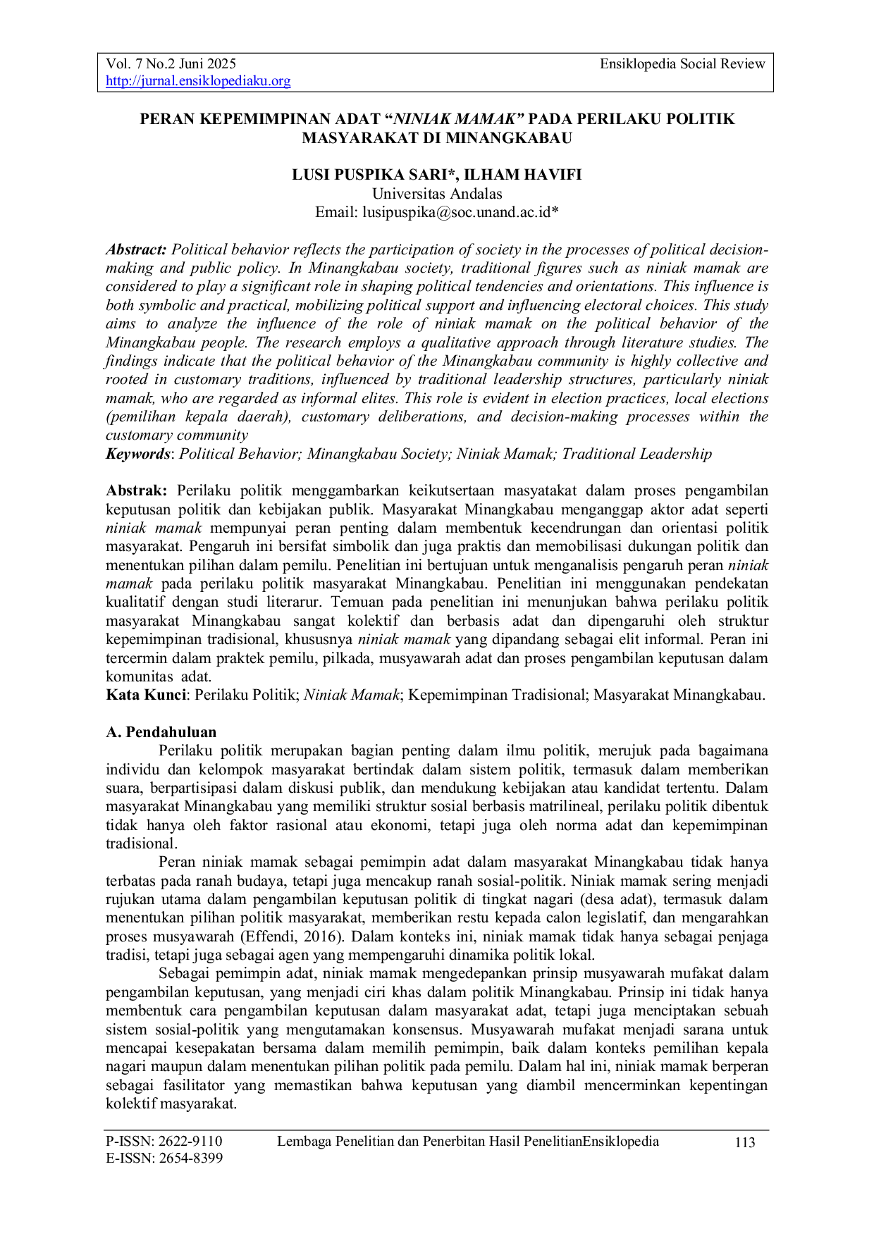 JURIS Peran Kepemimpinan Adat Niniak Mamak Pada Perilaku Politik Masyarakat Di Minangkabau