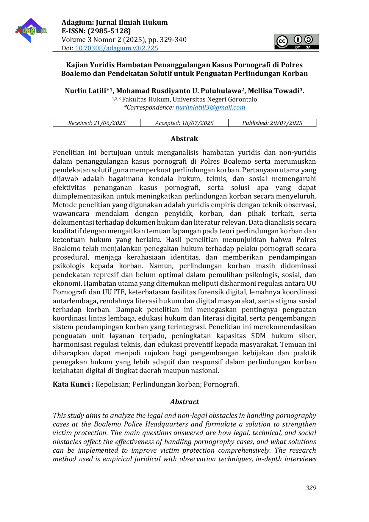JURIS Juridical Analysis of Obstacles in Combating Pornography Cases at the Boalemo Police Department and a Solution Oriented Approach to Strengthen Victim Protection