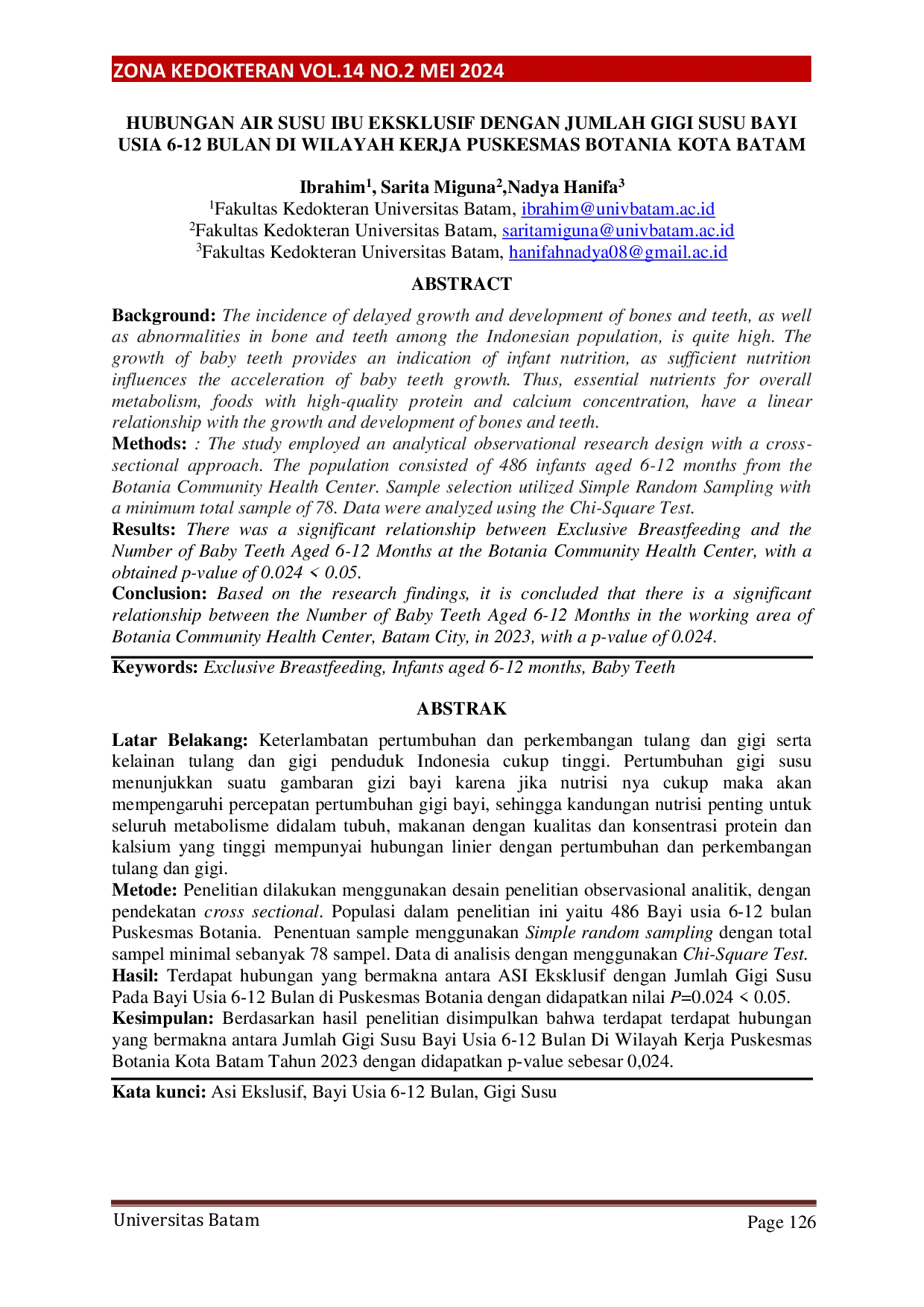 JURIS Hubungan Air Susu Ibu Eksklusif Dengan Jumlah Gigi Susu Bayi Usia 6 12 Bulan Di Wilayah Kerja Puskesmas Botania Kota Batam