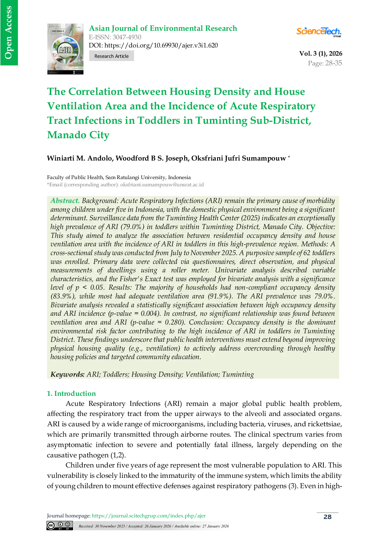 JURIS The Correlation Between Housing Density and House Ventilation Area and the Incidence of Acute Respiratory Tract Infections in Toddlers in Tuminting Sub District Manado City