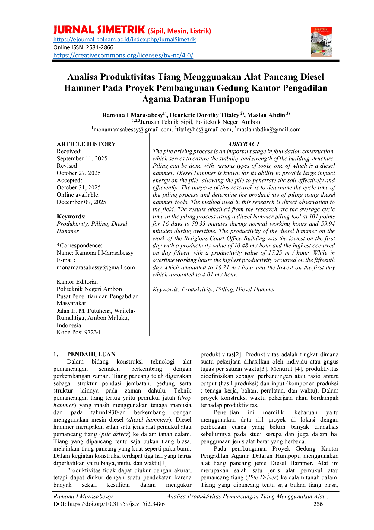 JURIS Analisa Produktivitas Tiang Menggunakan Alat Pancang Diesel Hammer Pada Proyek Pembangunan Gedung Kantor Pengadilan Agama Dataran Hunipopu