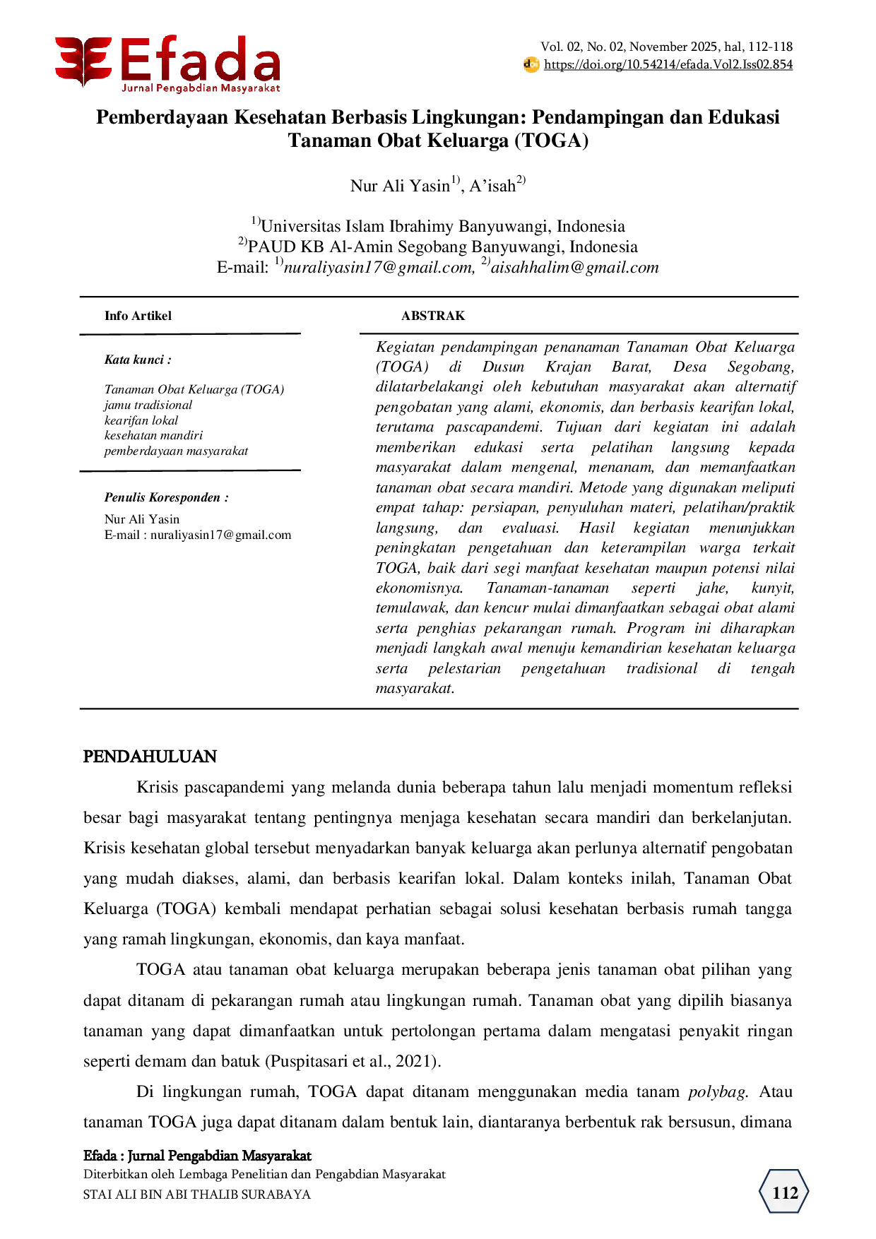 JURIS Pemberdayaan Kesehatan Berbasis Lingkungan Pendampingan dan Edukasi Tanaman Obat Keluarga TOGA