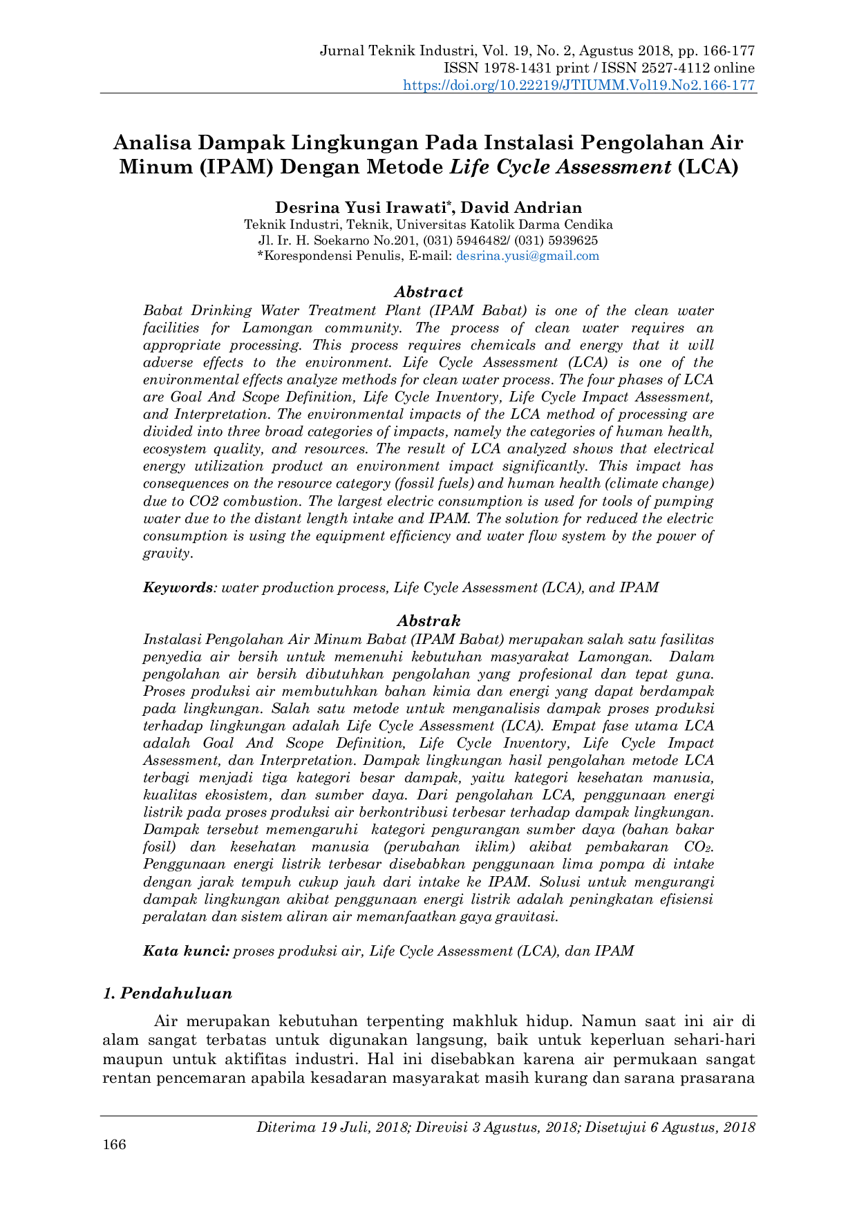 JURIS Analisa Dampak Lingkungan Pada Instalasi Pengolahan Air Minum IPAM Dengan Metode Life Cycle Assessment LCA