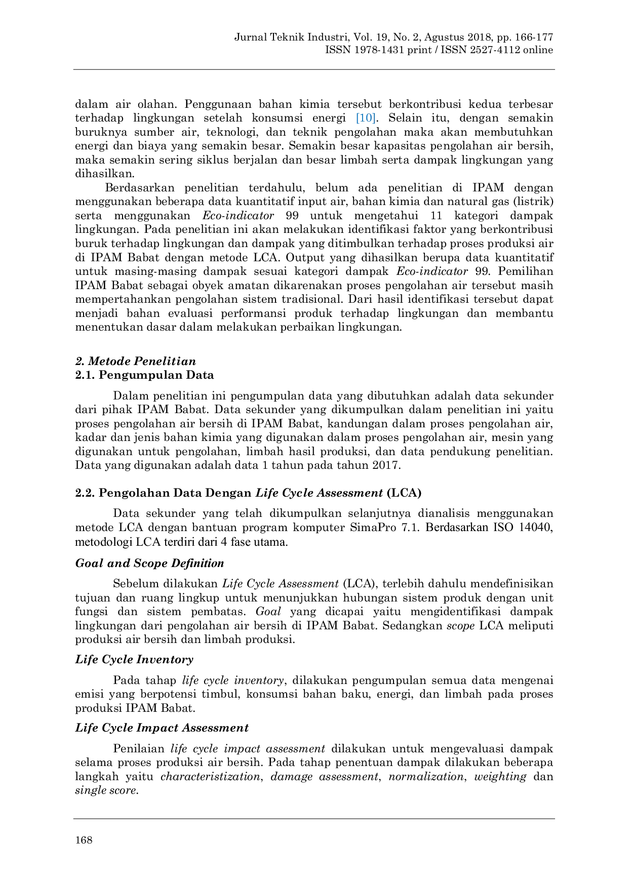 JURIS Analisa Dampak Lingkungan Pada Instalasi Pengolahan Air Minum IPAM Dengan Metode Life Cycle Assessment LCA